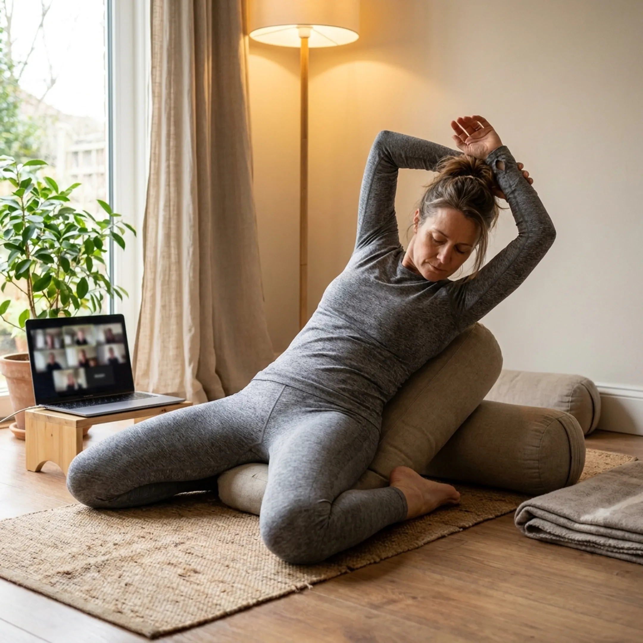 Yoga instructor guiding a gentle floor stretch