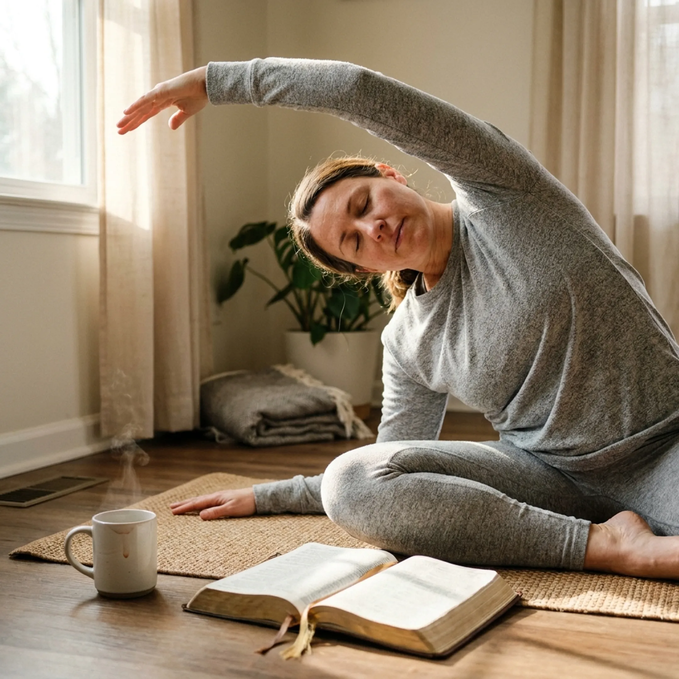 Woman practicing gentle morning yoga at home