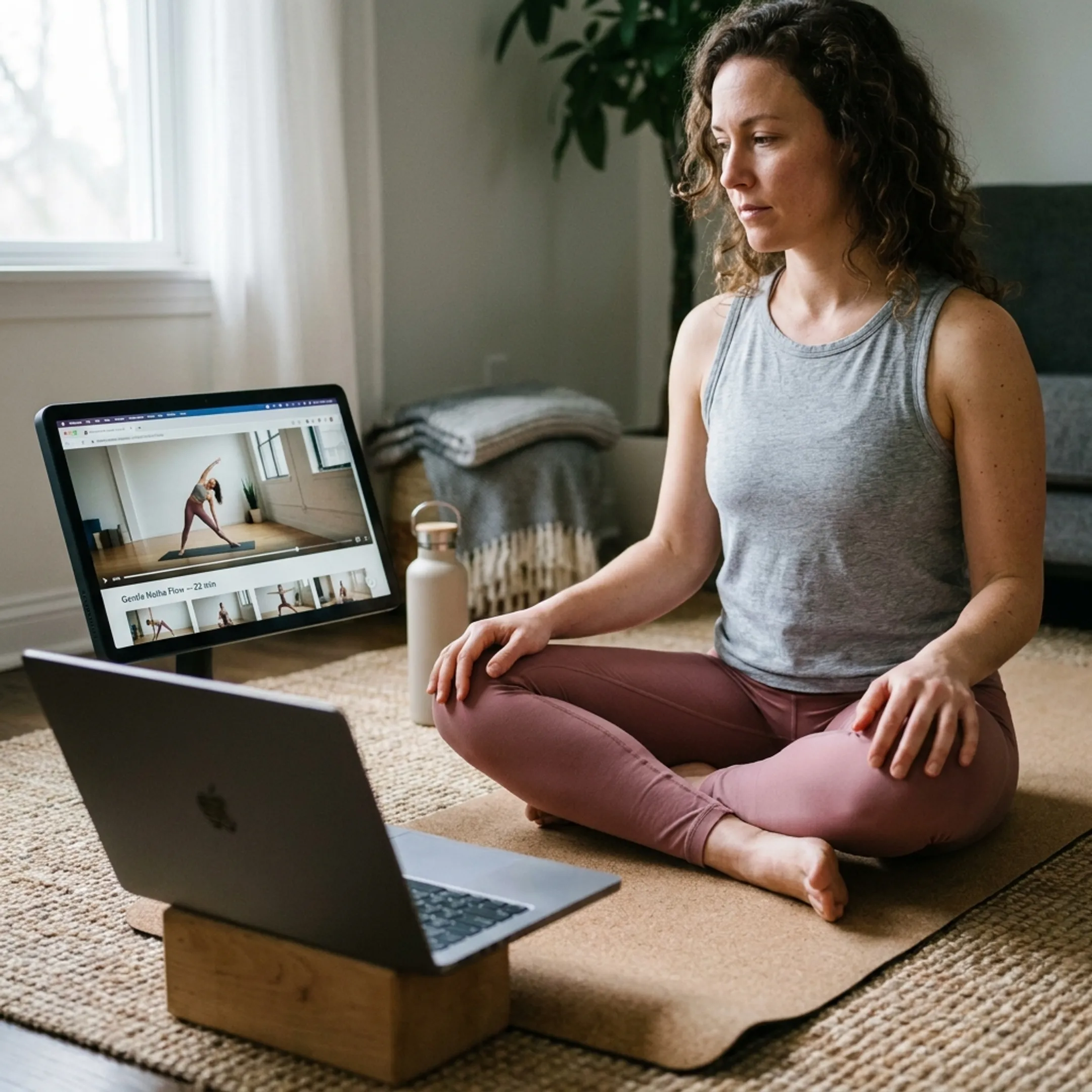 Woman practicing yoga at home