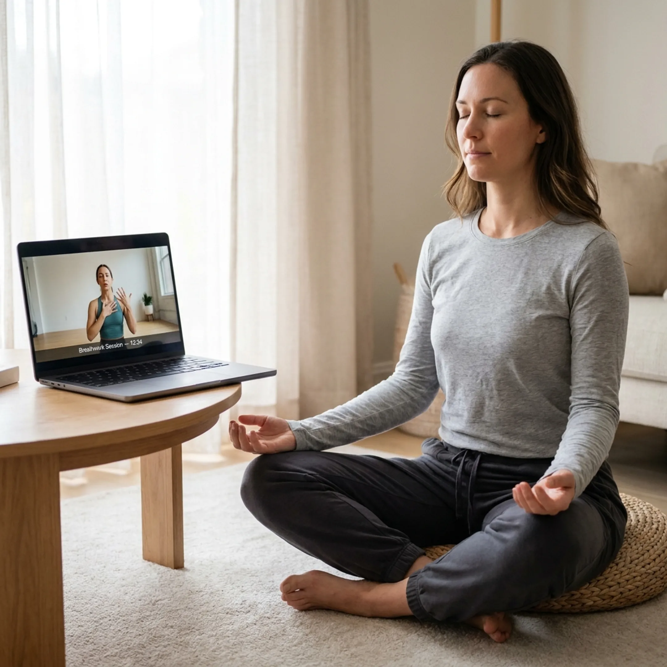 Instructor leading an online meditation practice