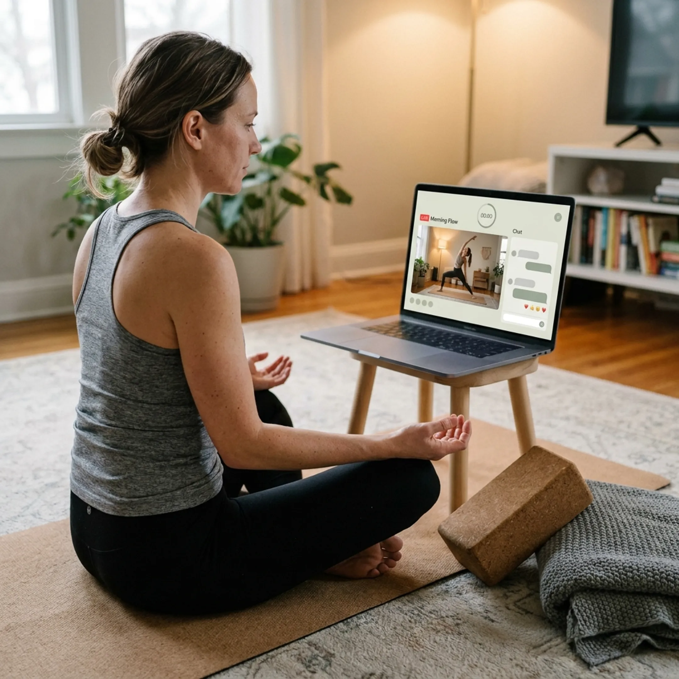 Woman joining an online yoga class at home