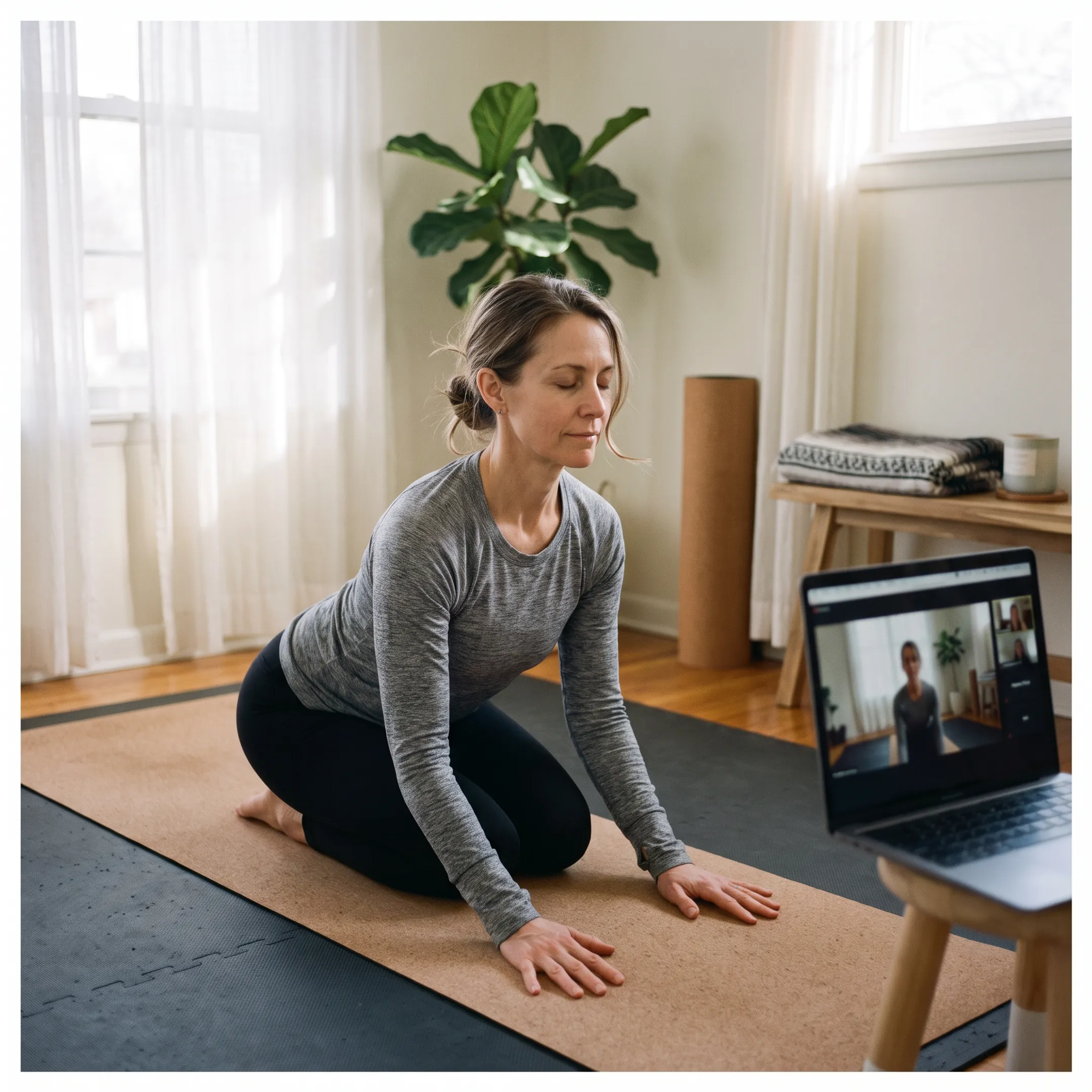 Instructor leading a live online yoga class