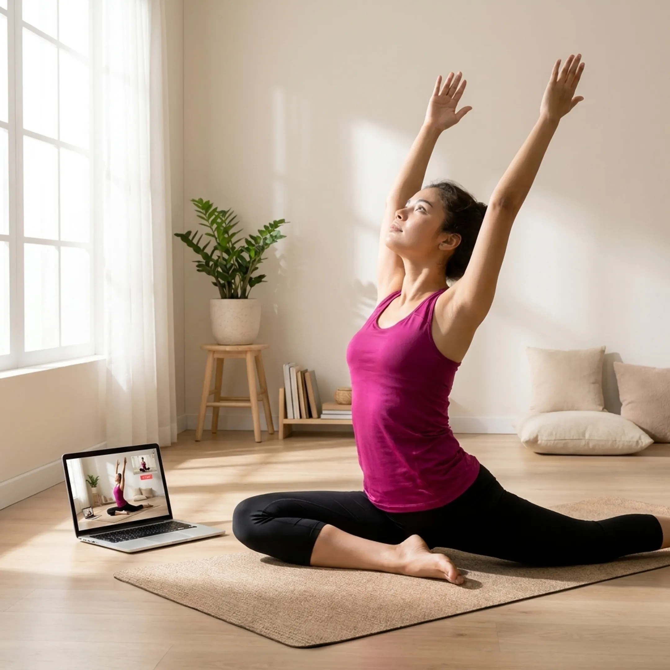 Woman practicing gentle Hatha yoga at home