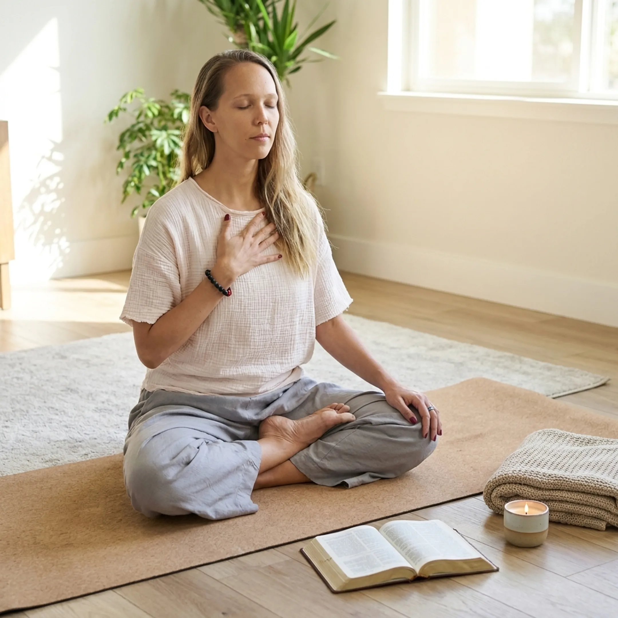 Woman practicing faith-based yoga at home