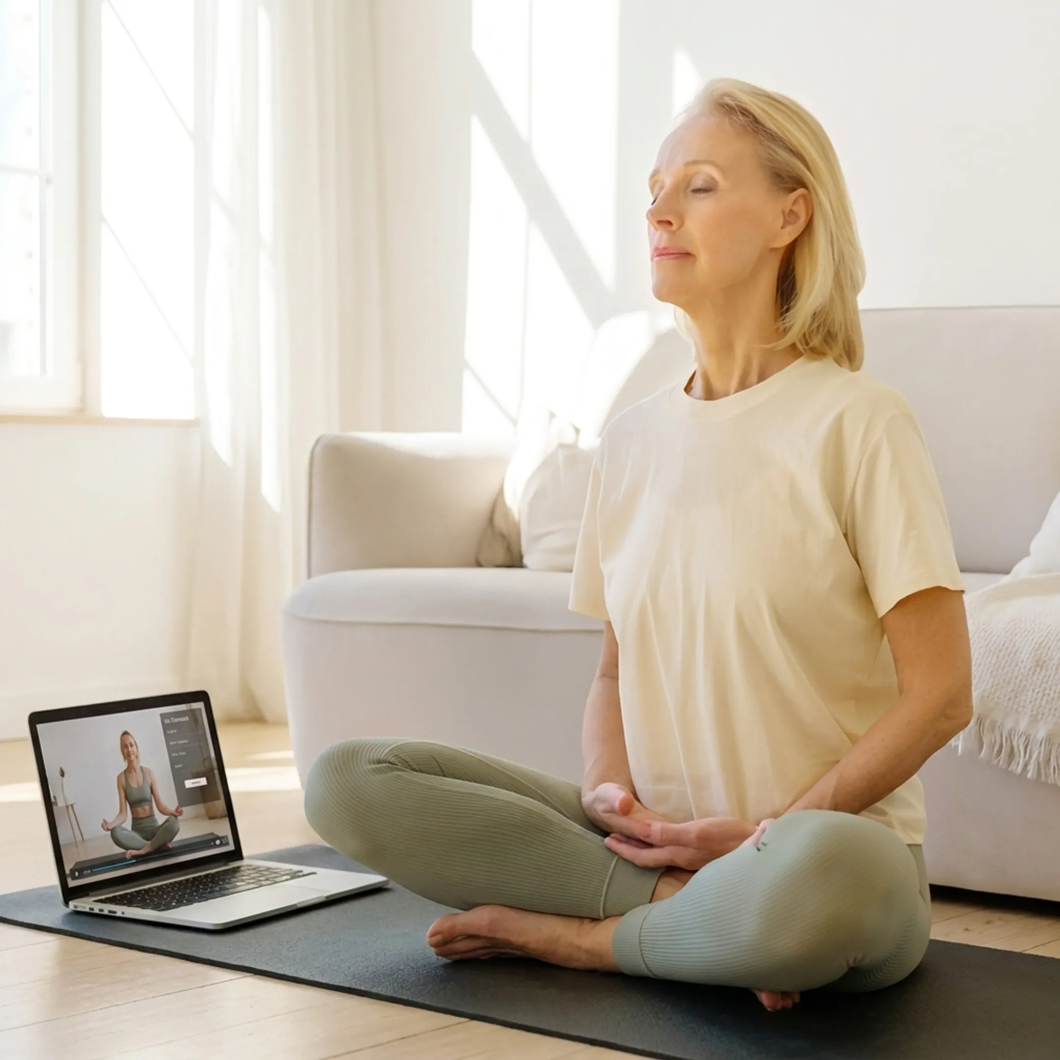 Woman practicing yoga at home