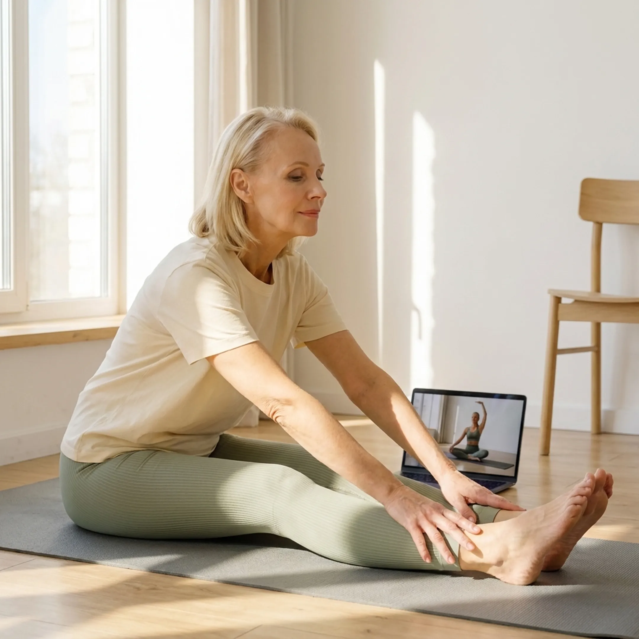 Woman following gentle online yoga class