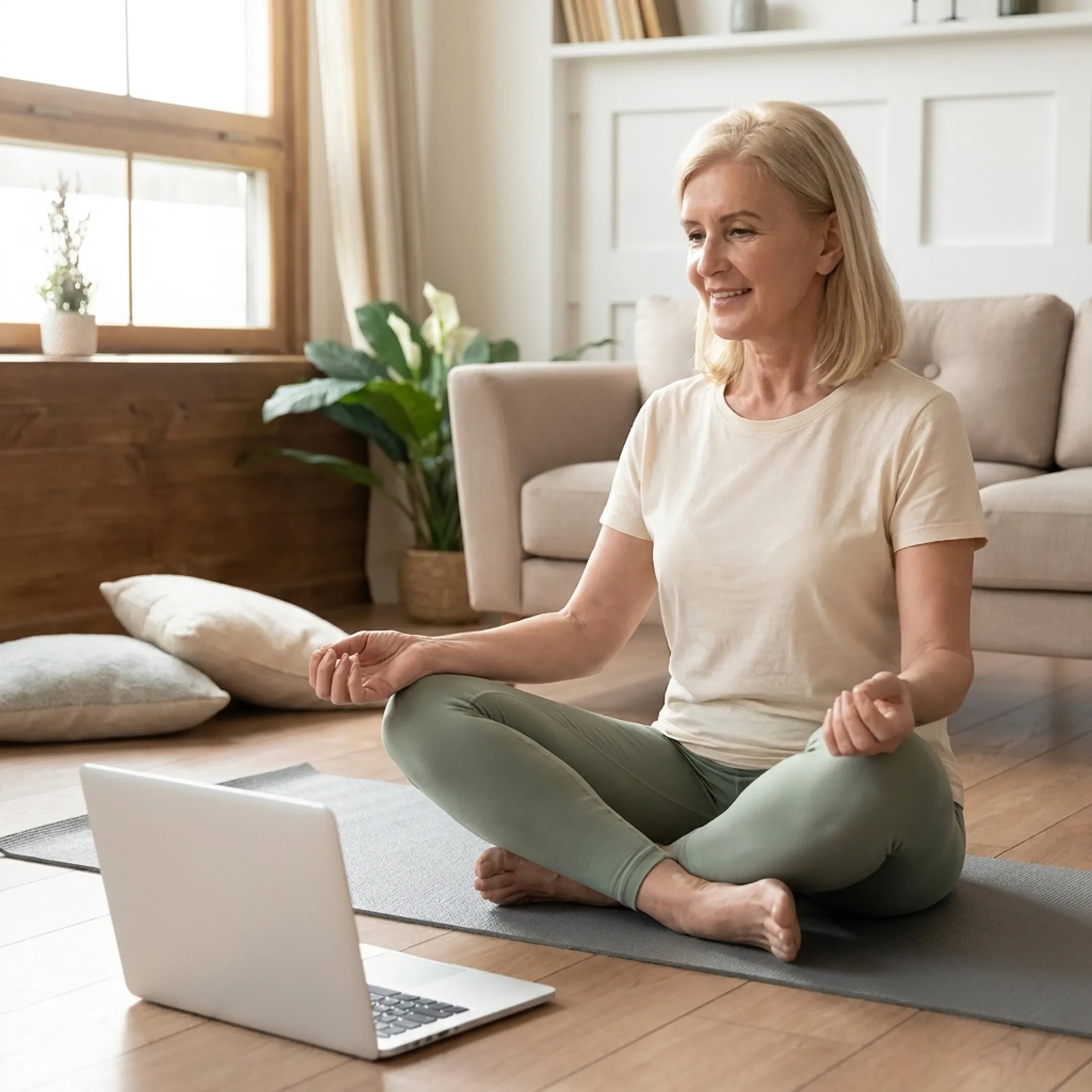 Beginner practicing yoga at home