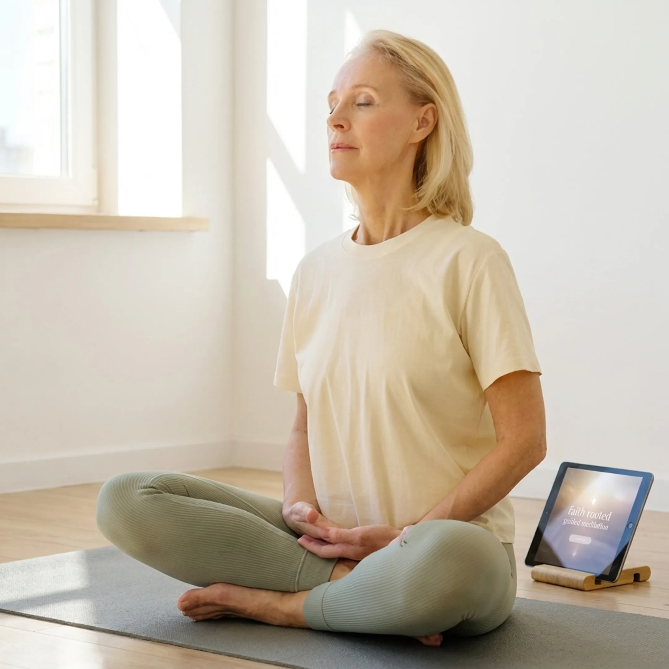 Woman practicing guided meditation at home