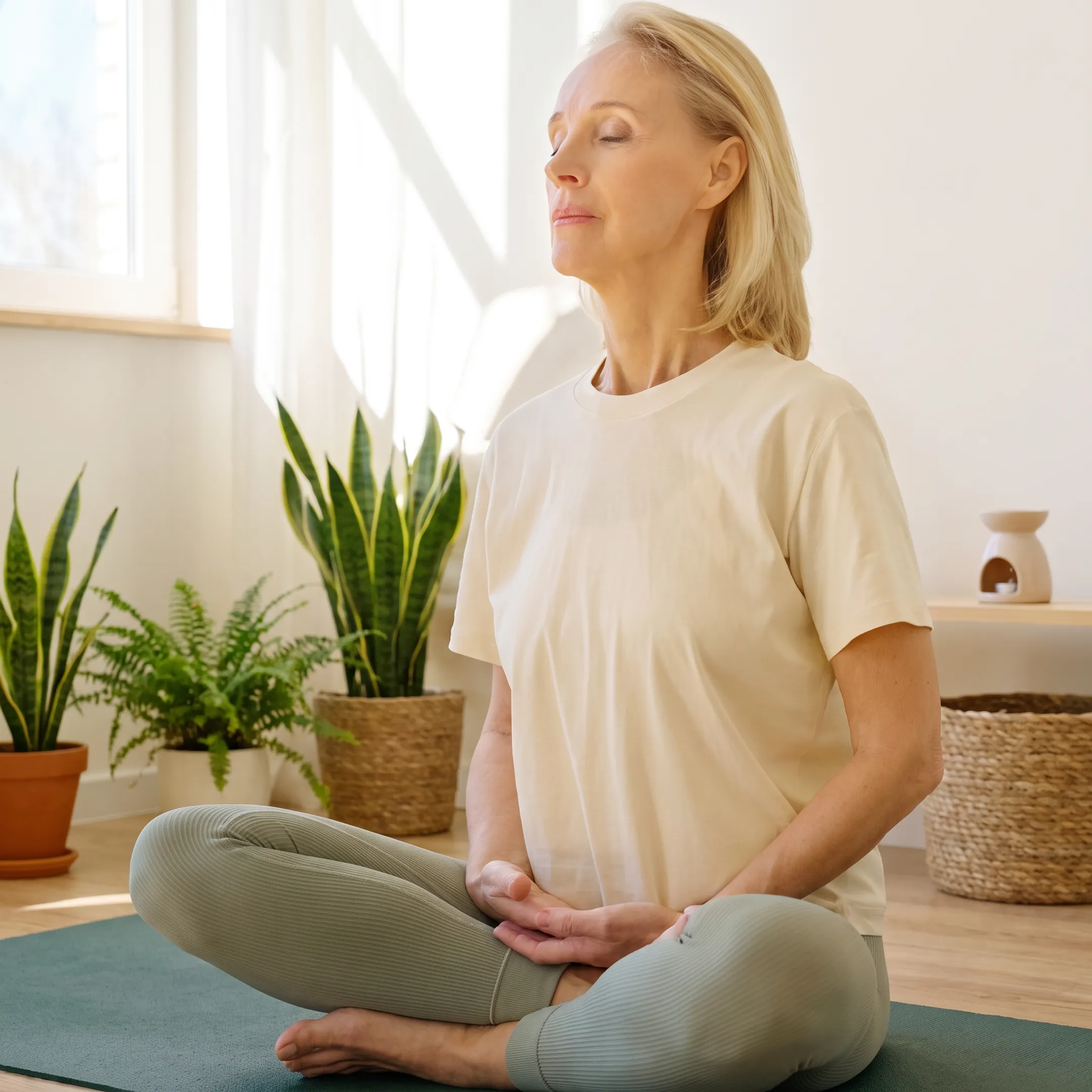 Woman practicing mindful yoga at home