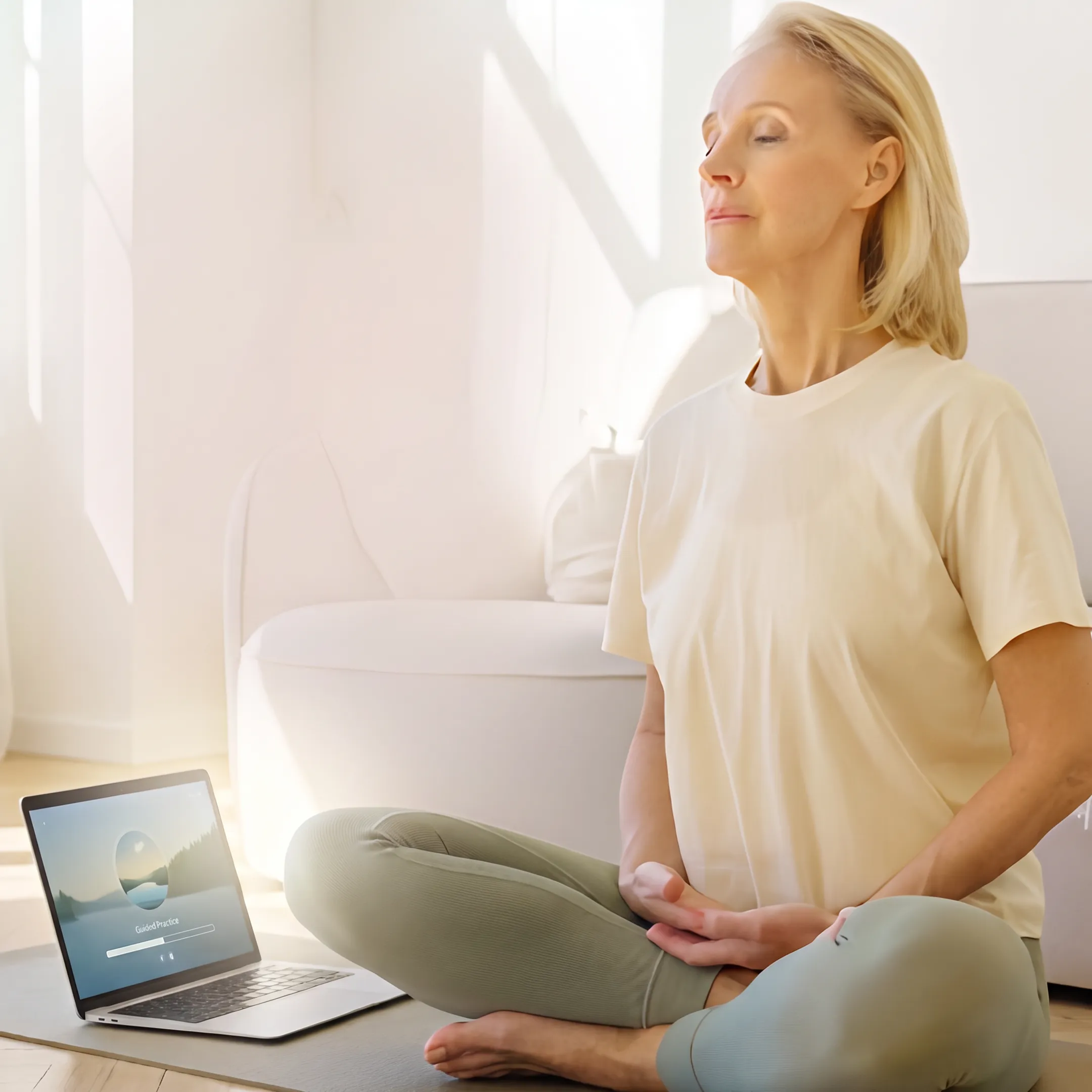 Woman practicing guided meditation at home