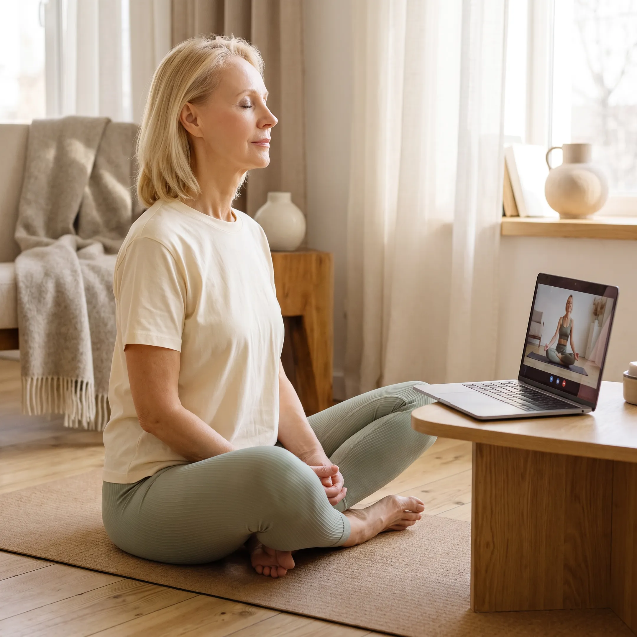 Woman practicing peaceful yoga at home