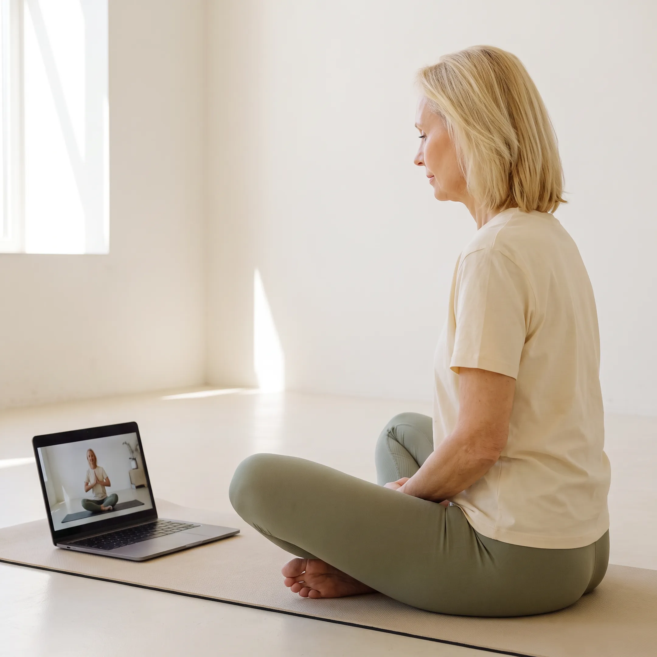 Beginner practicing gentle yoga at home