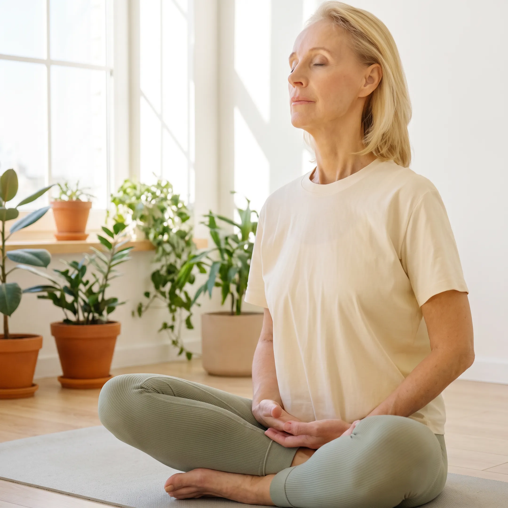 Person practicing calm guided breathwork at home