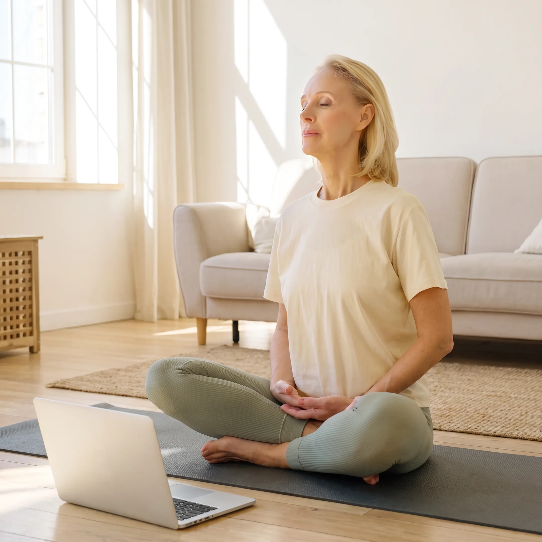 Online Hatha yoga class on a laptop