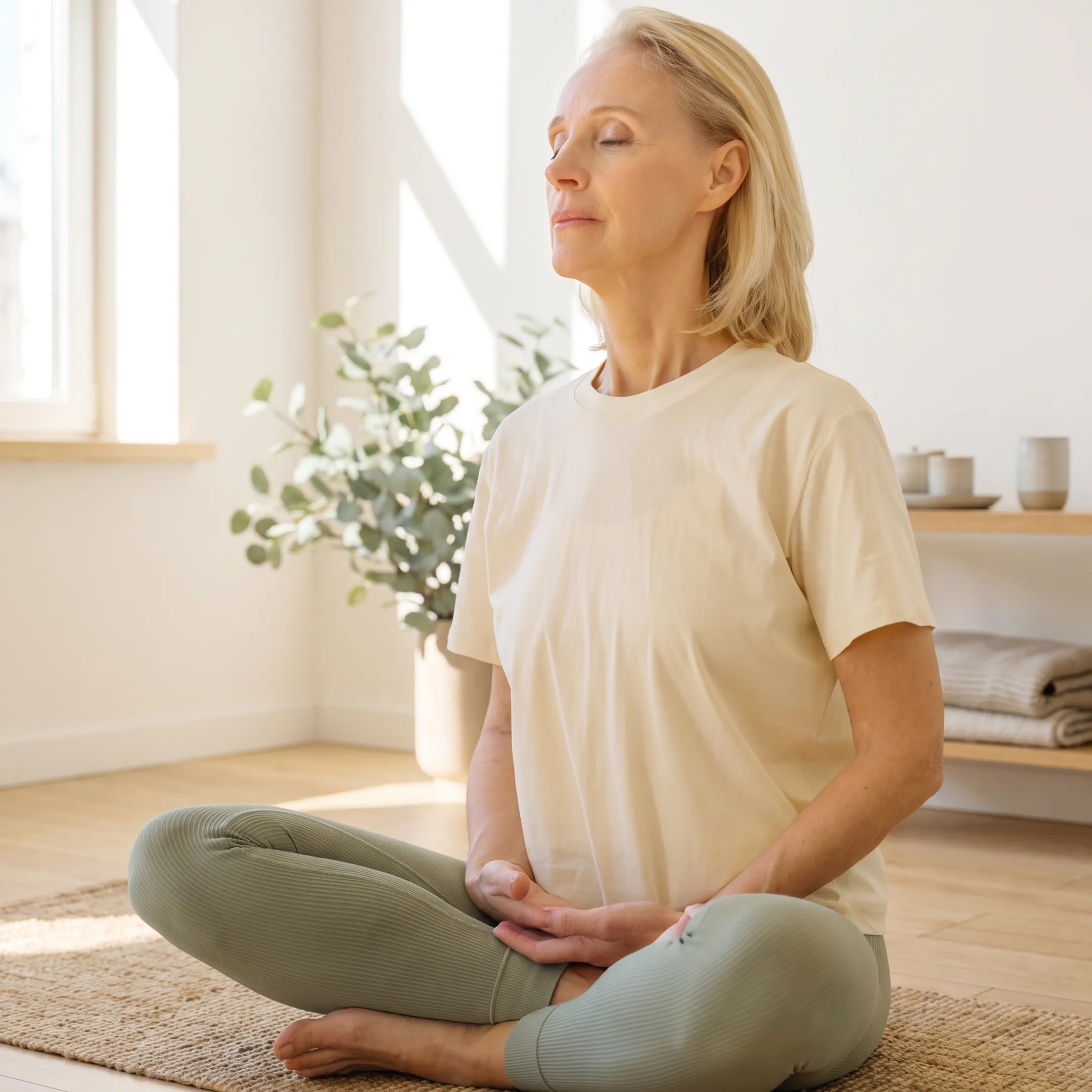 Woman practicing peaceful yoga at home