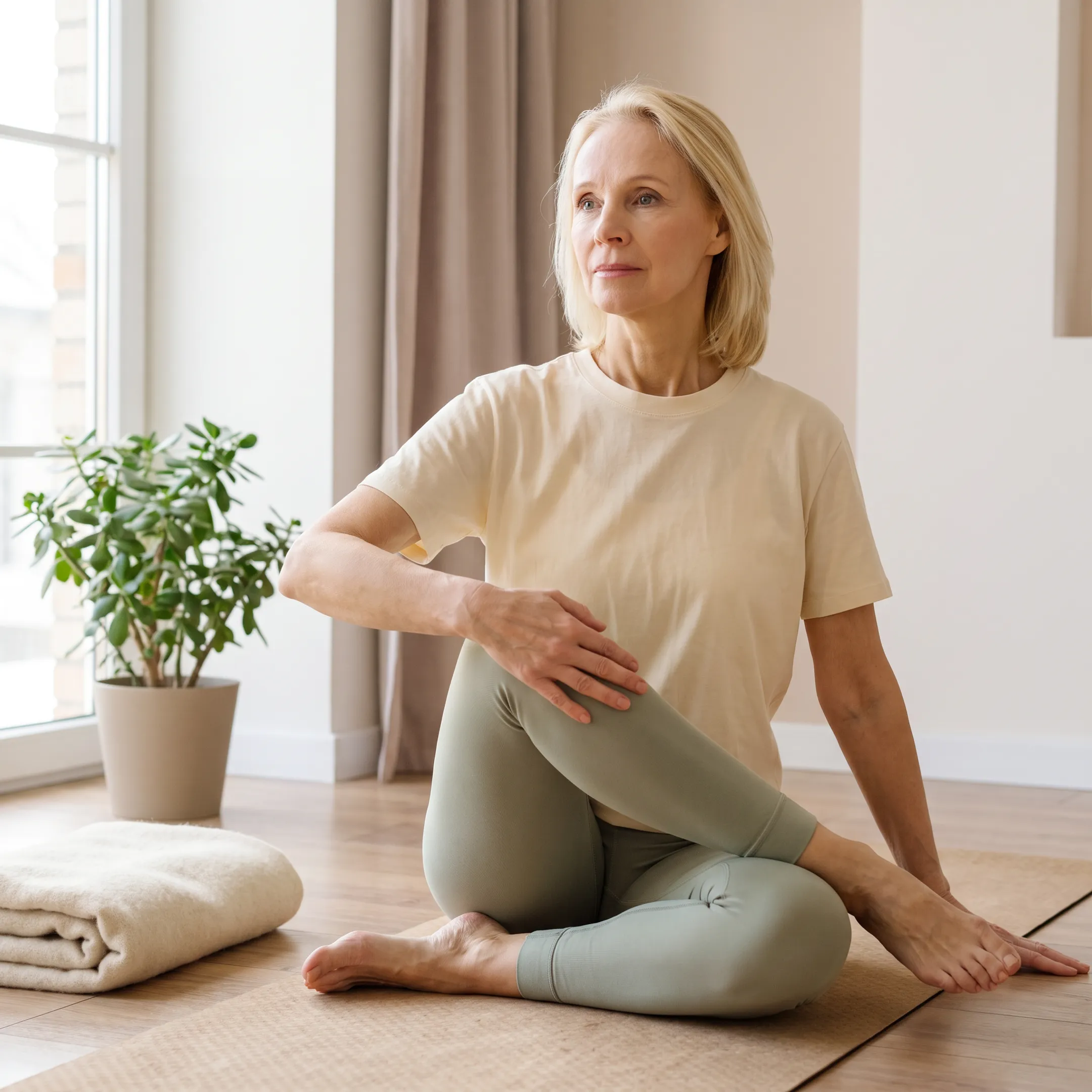 Woman practicing yoga in a calm home setting