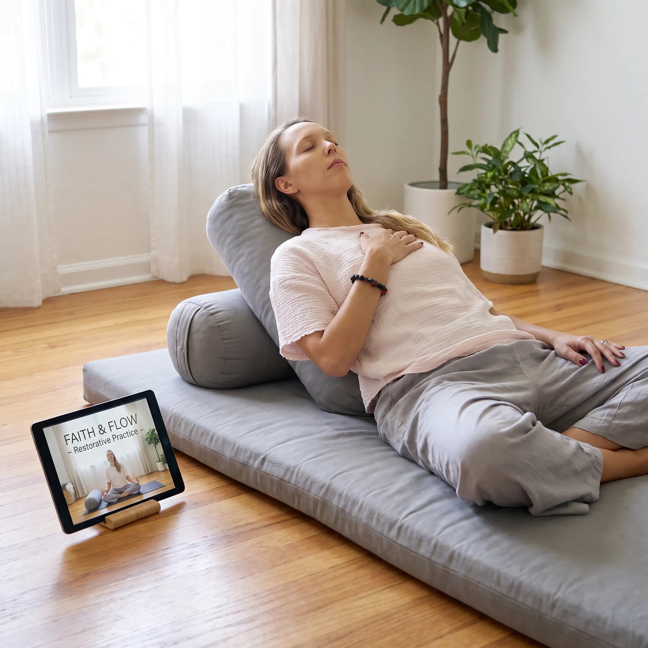 Person enjoying an online restorative yoga class