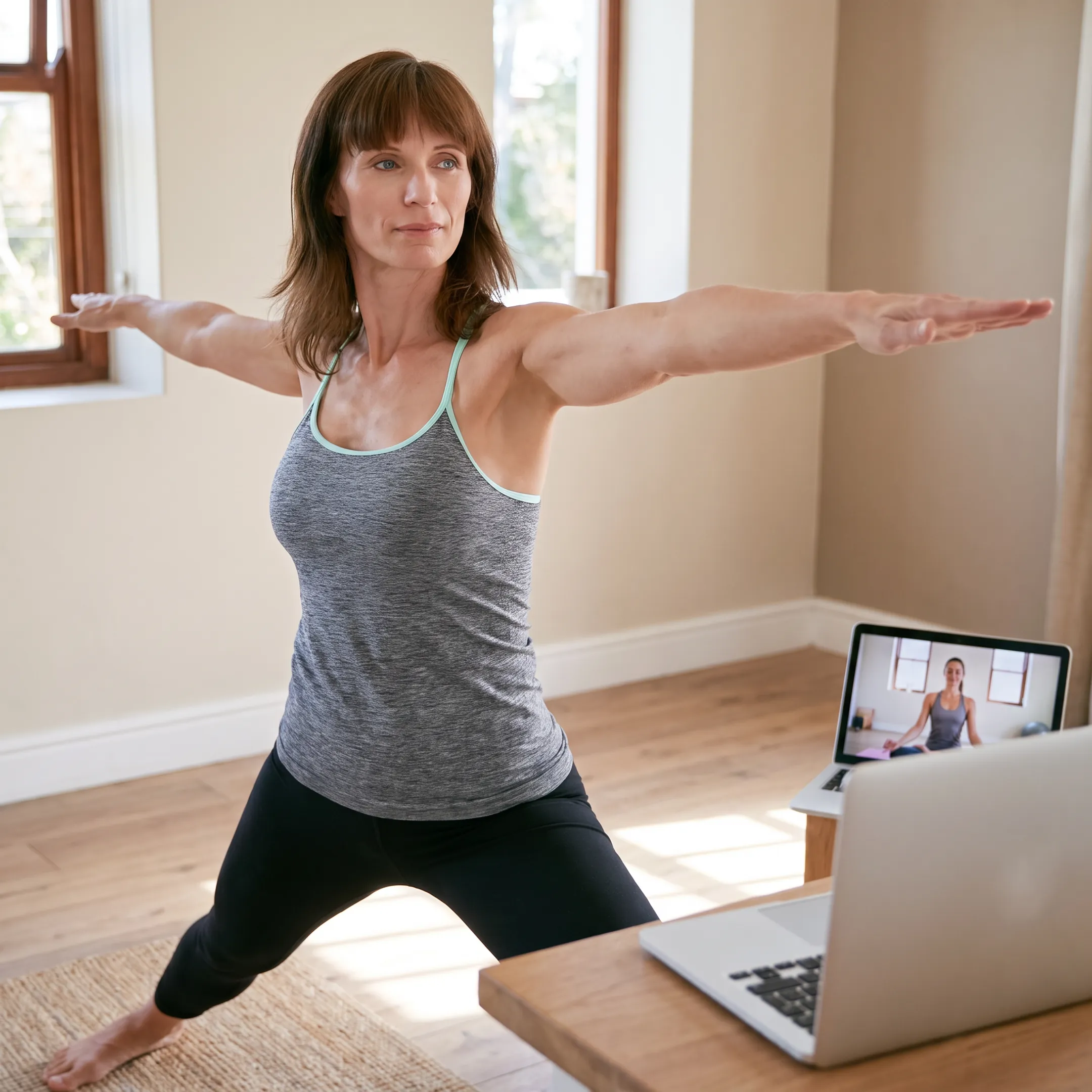 Woman practicing power yoga in a bright home studio