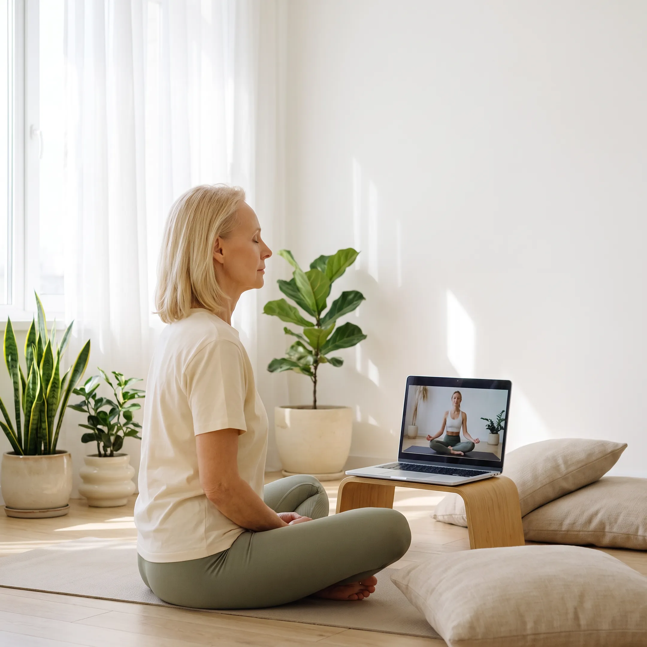 Woman practicing yoga at home with a laptop
