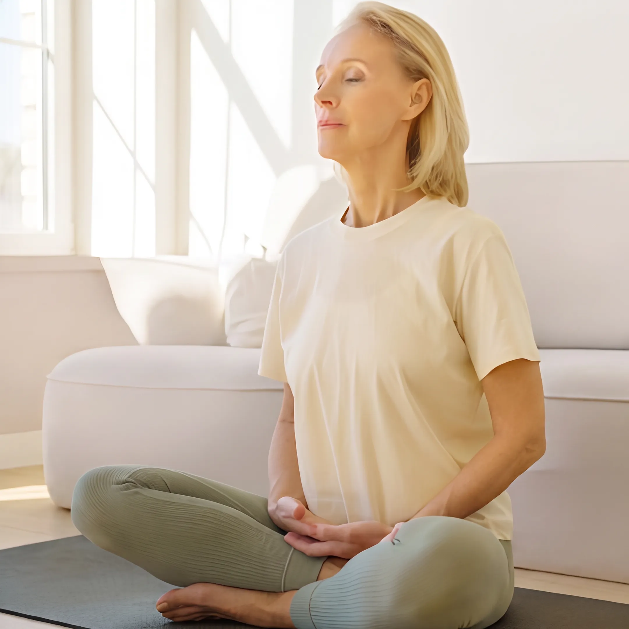 Woman practicing calm seated breathwork at home