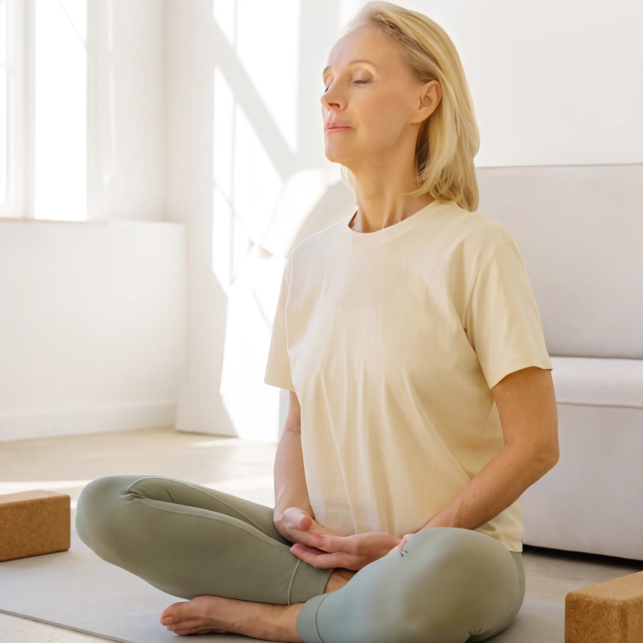 Adult practicing gentle yoga stretches at home