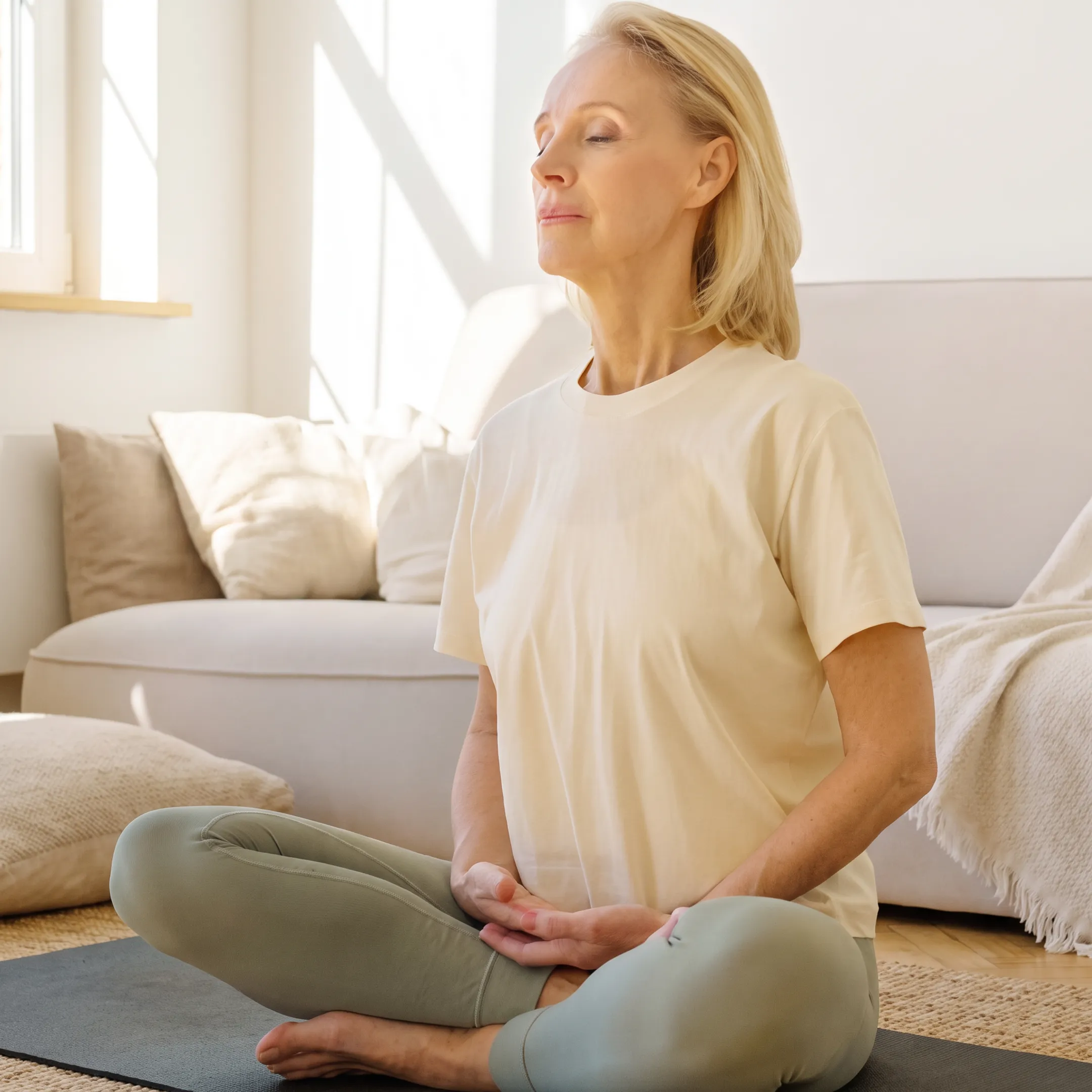 Woman practicing a seated Yin Yoga stretch at home