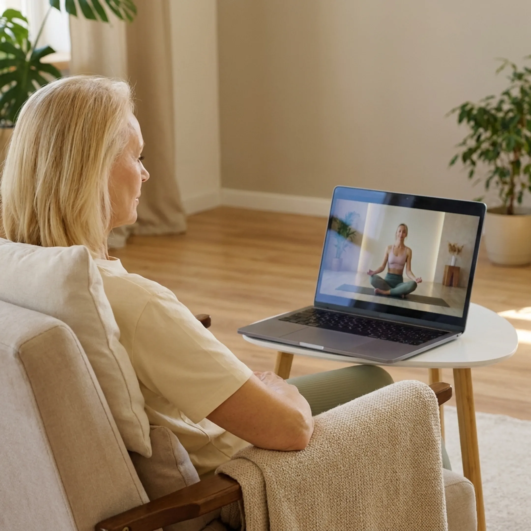 Senior following an online restorative yoga class