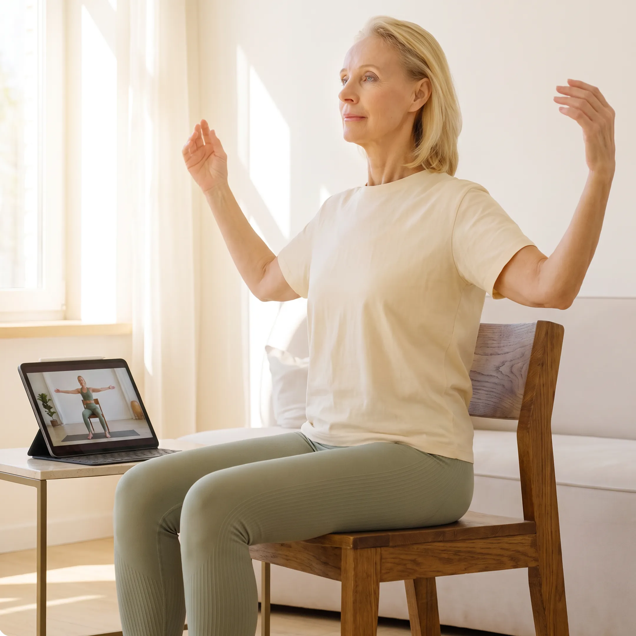 Senior practicing gentle chair yoga at home