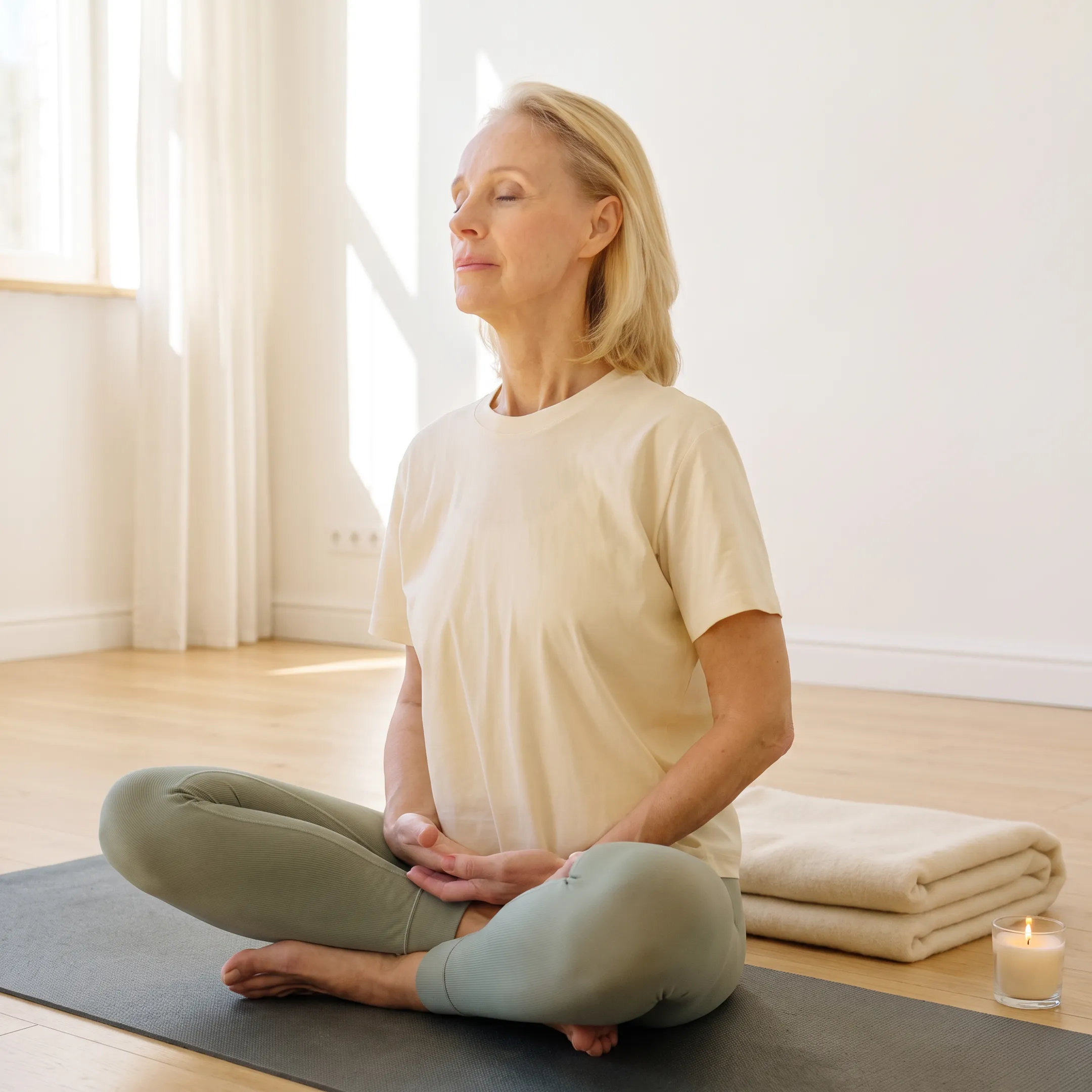 Woman practicing calm yoga meditation at home