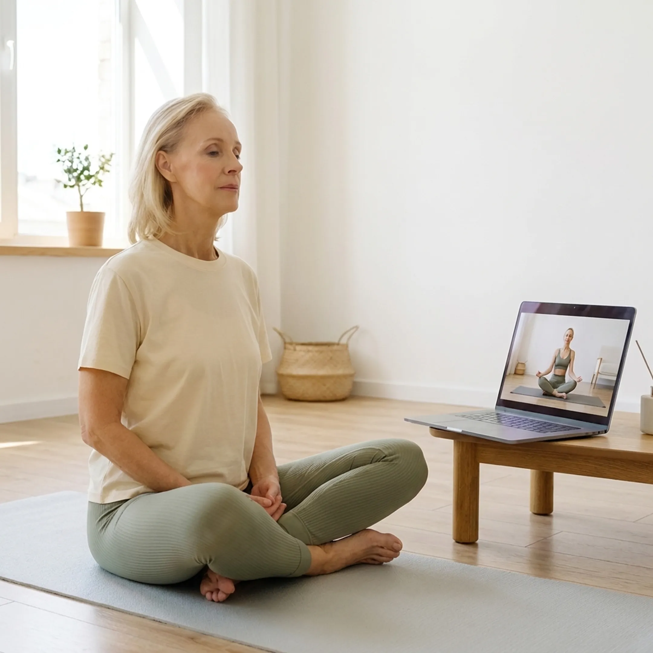 Online faith-based yoga class in a calm home