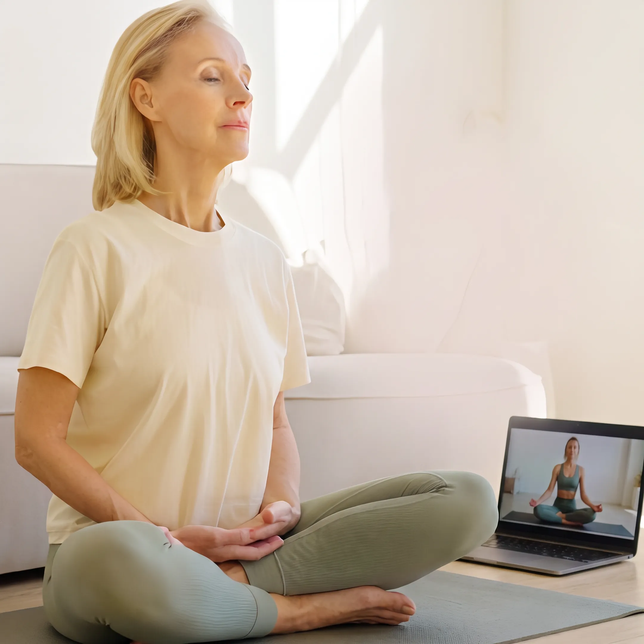 Woman practicing yoga at home with a laptop