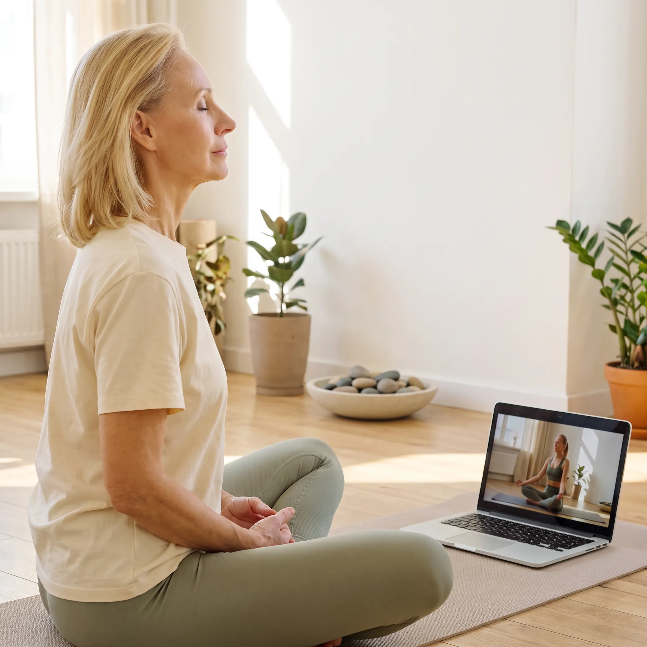 Woman practicing yoga peacefully at home