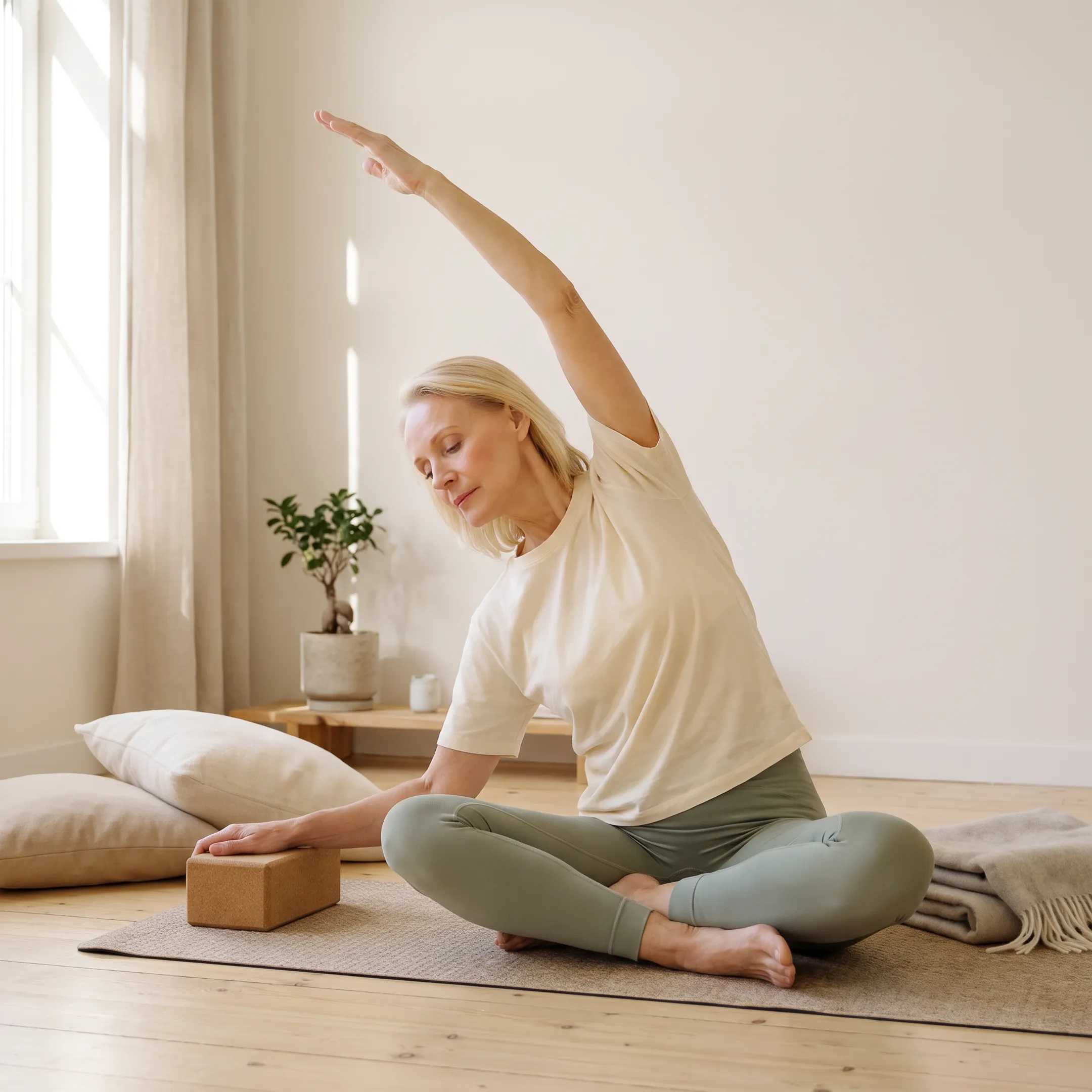Woman practicing gentle seated yoga at home