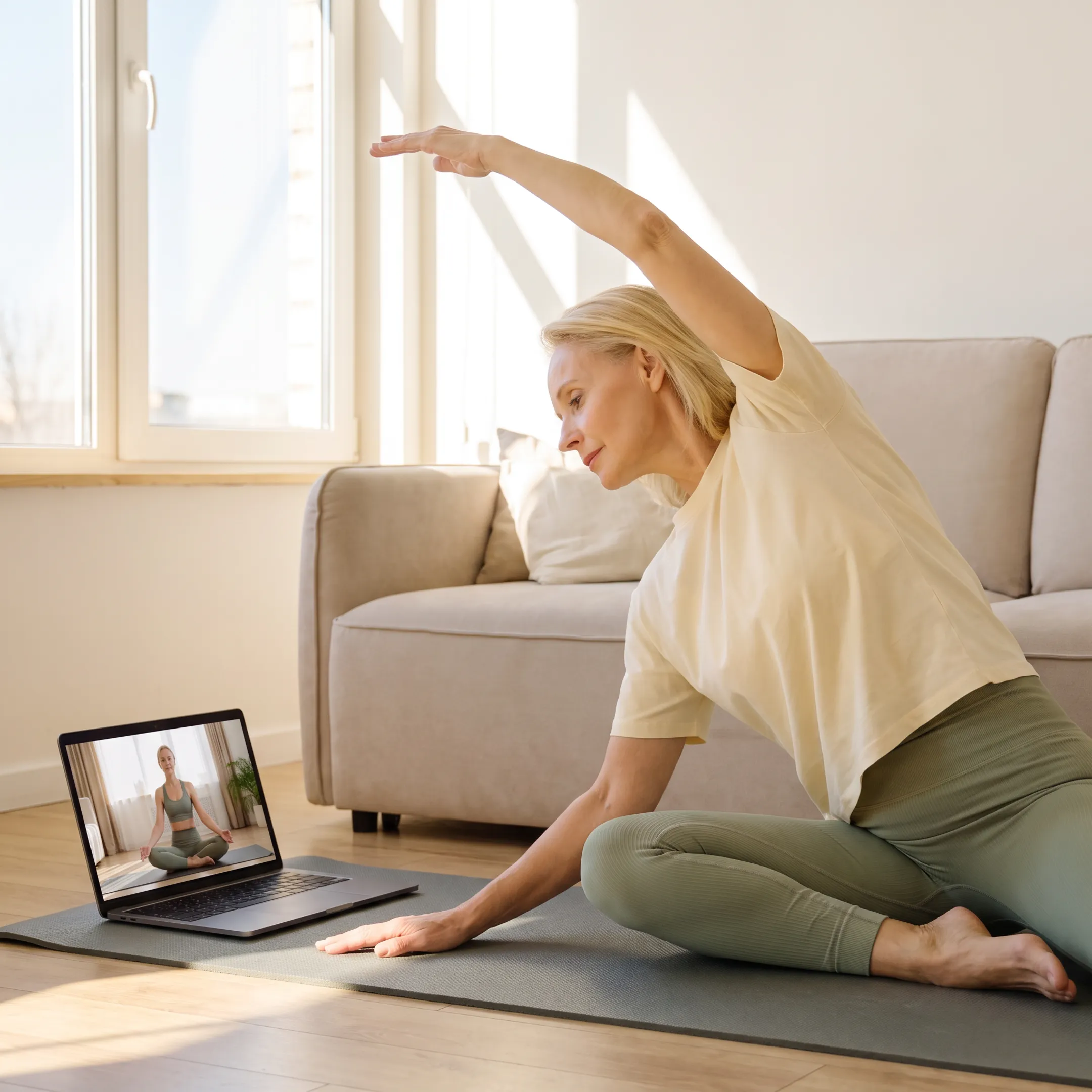 Woman following an online morning yoga class