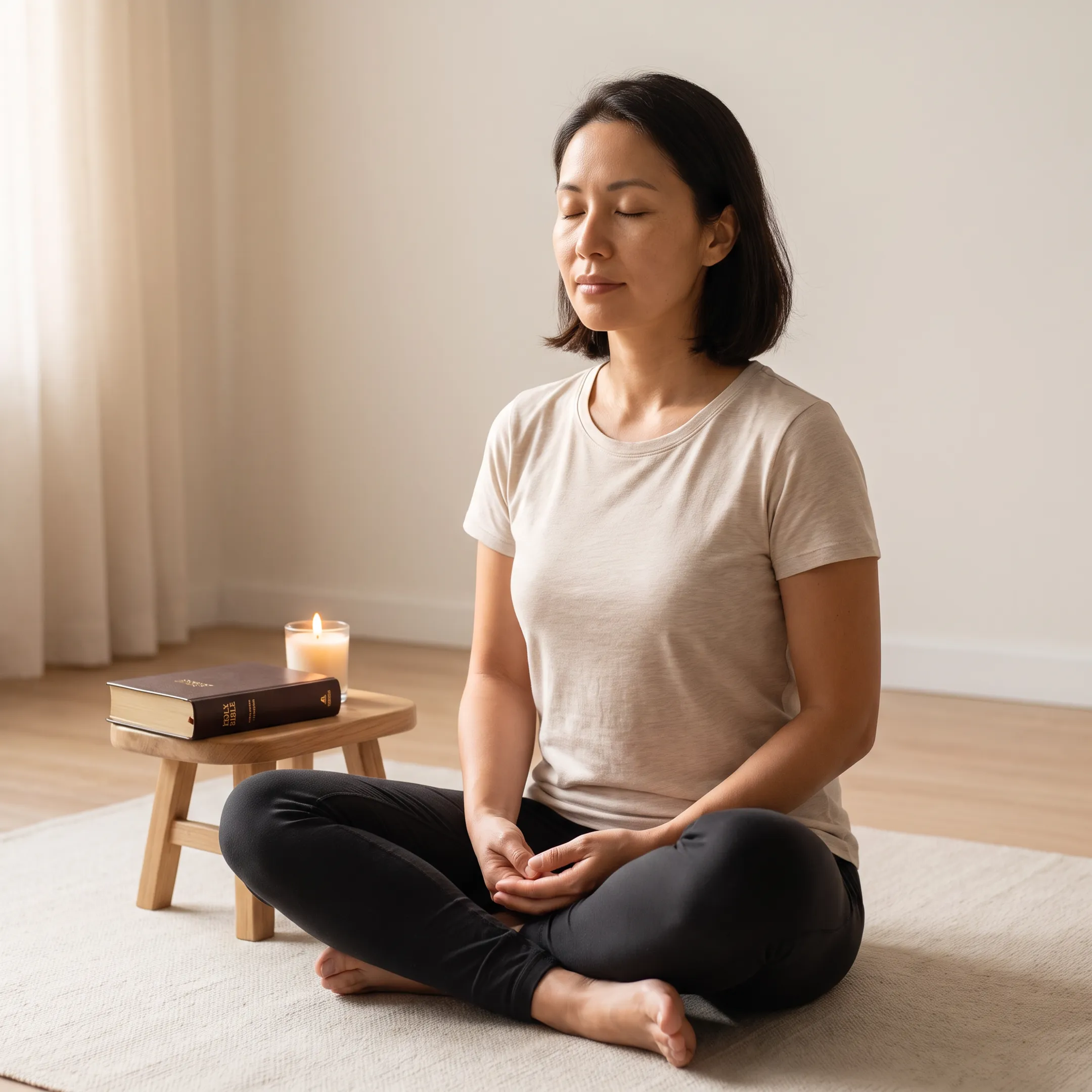 Woman practicing prayerful meditation at home