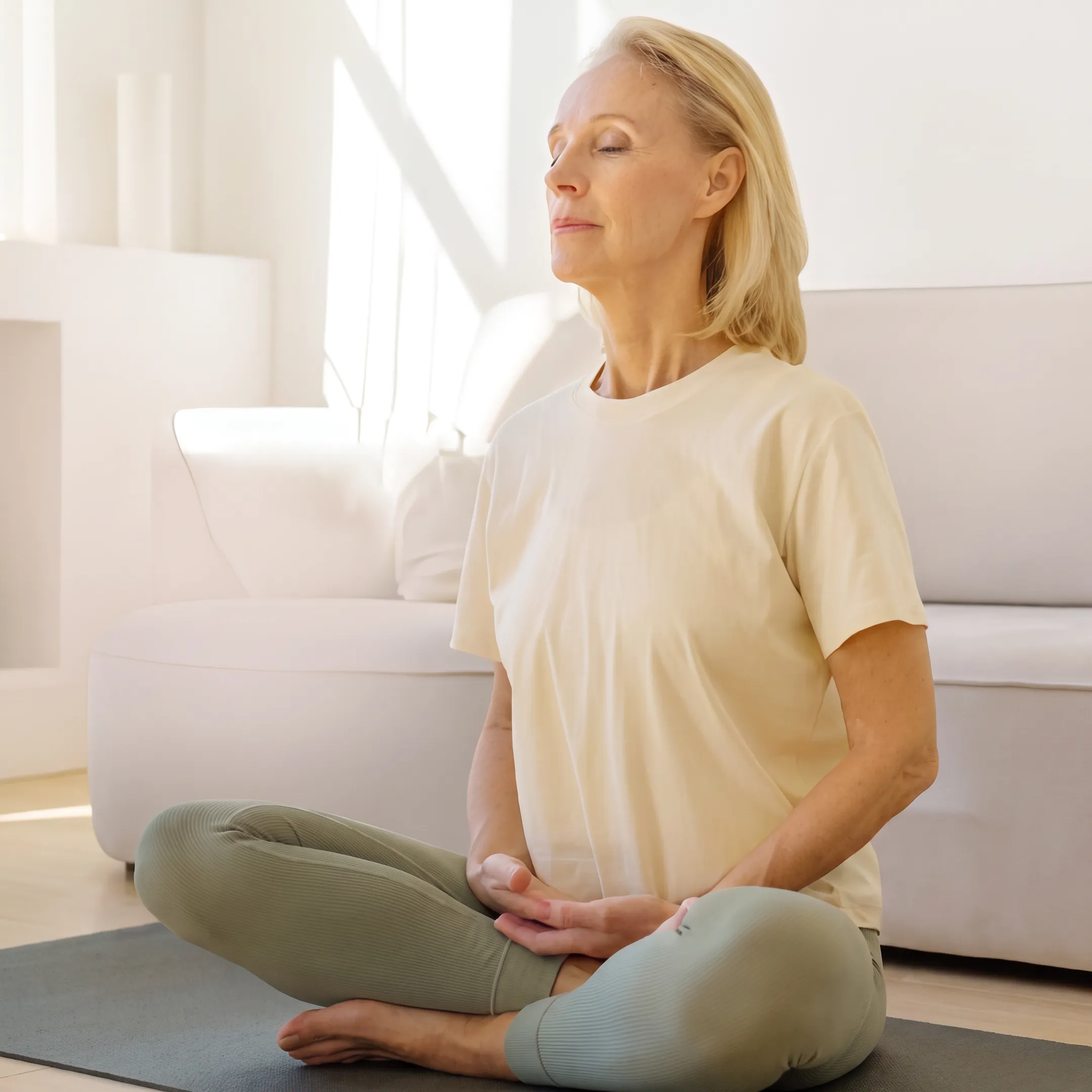 Person meditating peacefully at home