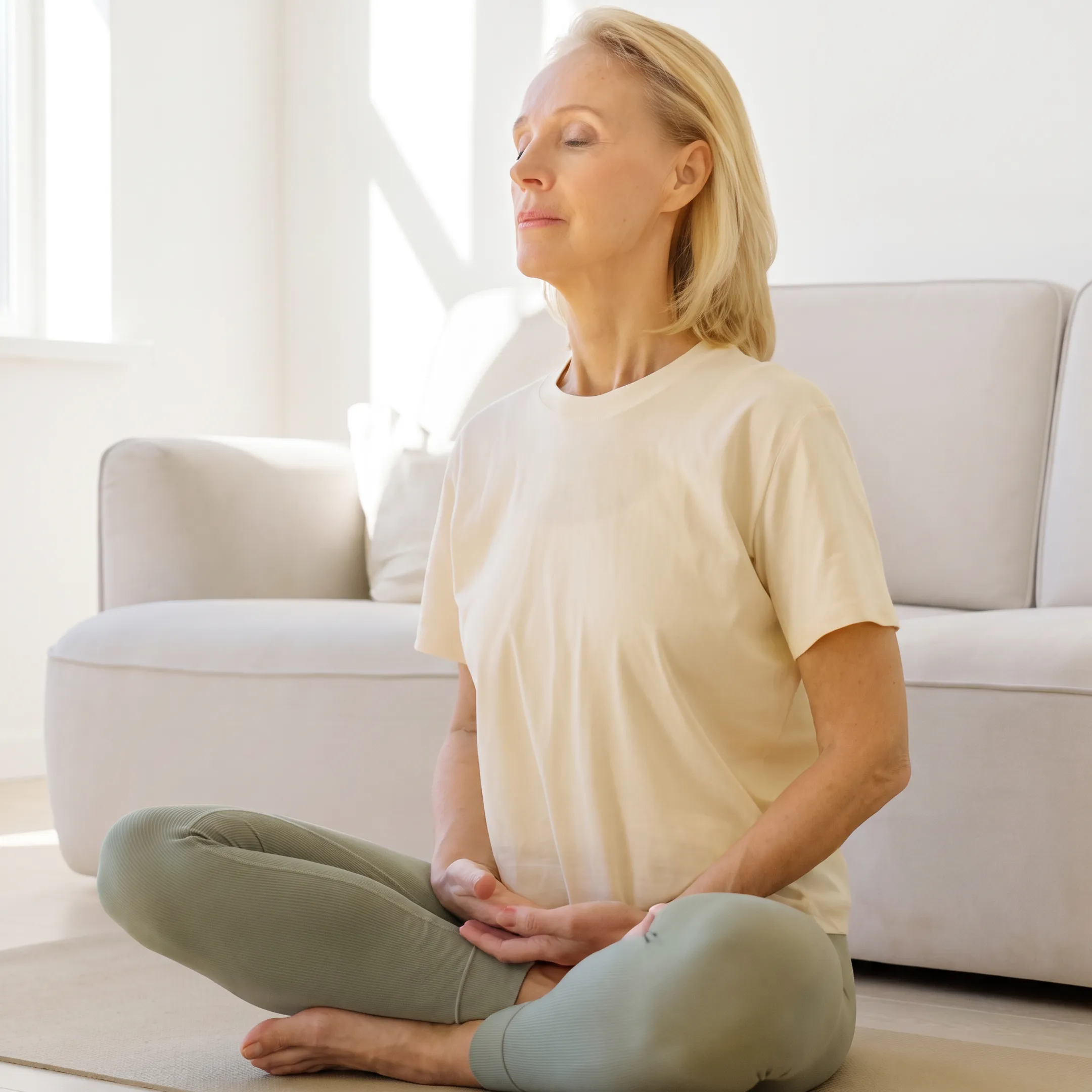 Woman meditating peacefully at home
