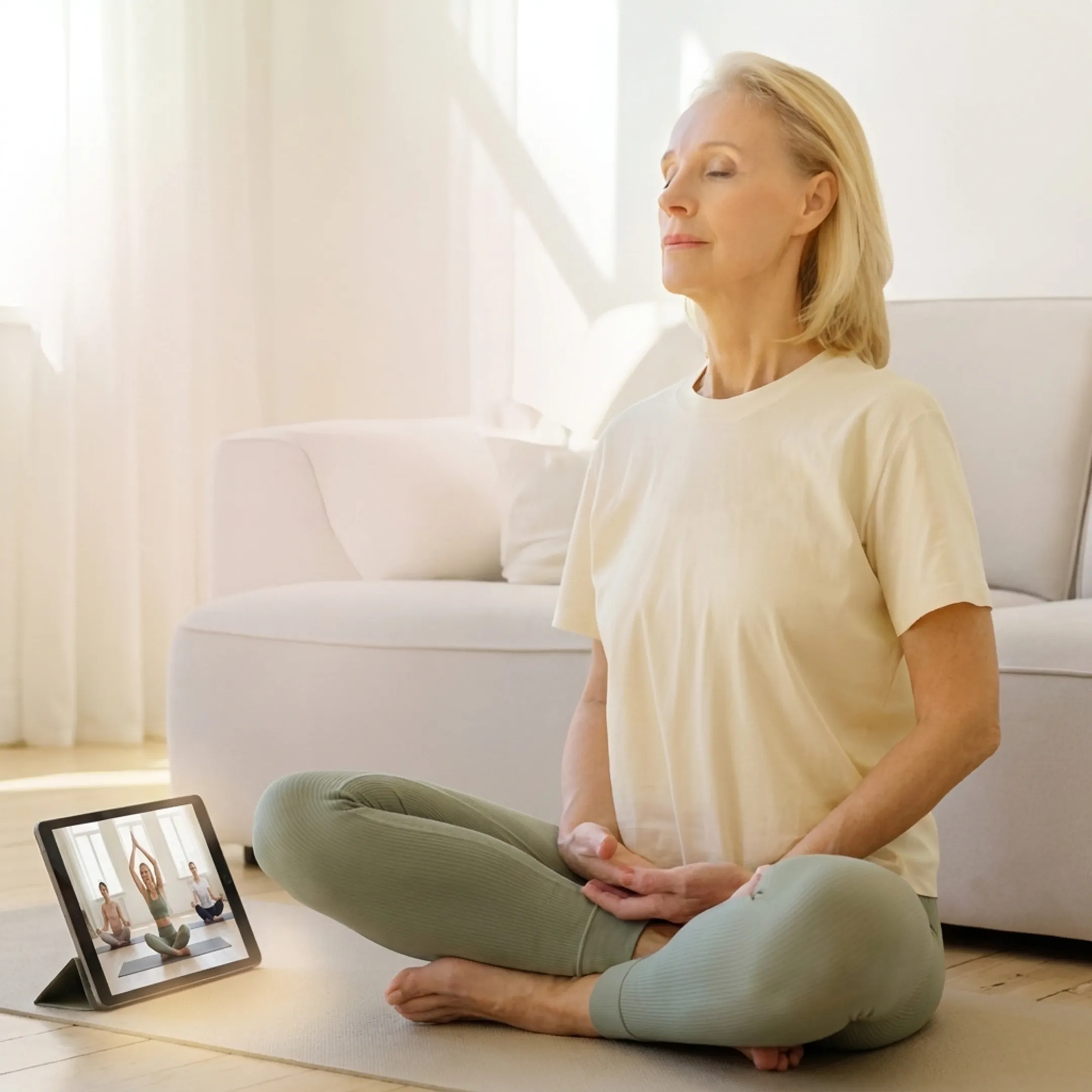 Online yoga member practicing with a tablet