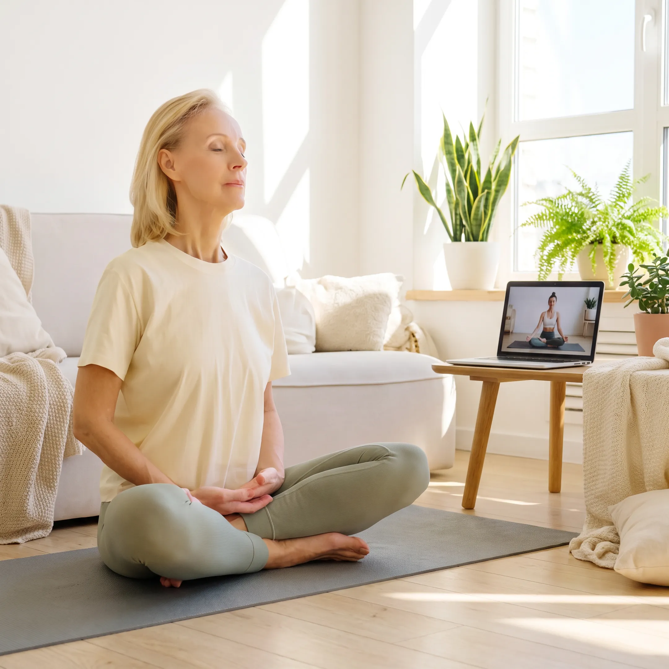 Woman practicing yoga at home with an online class