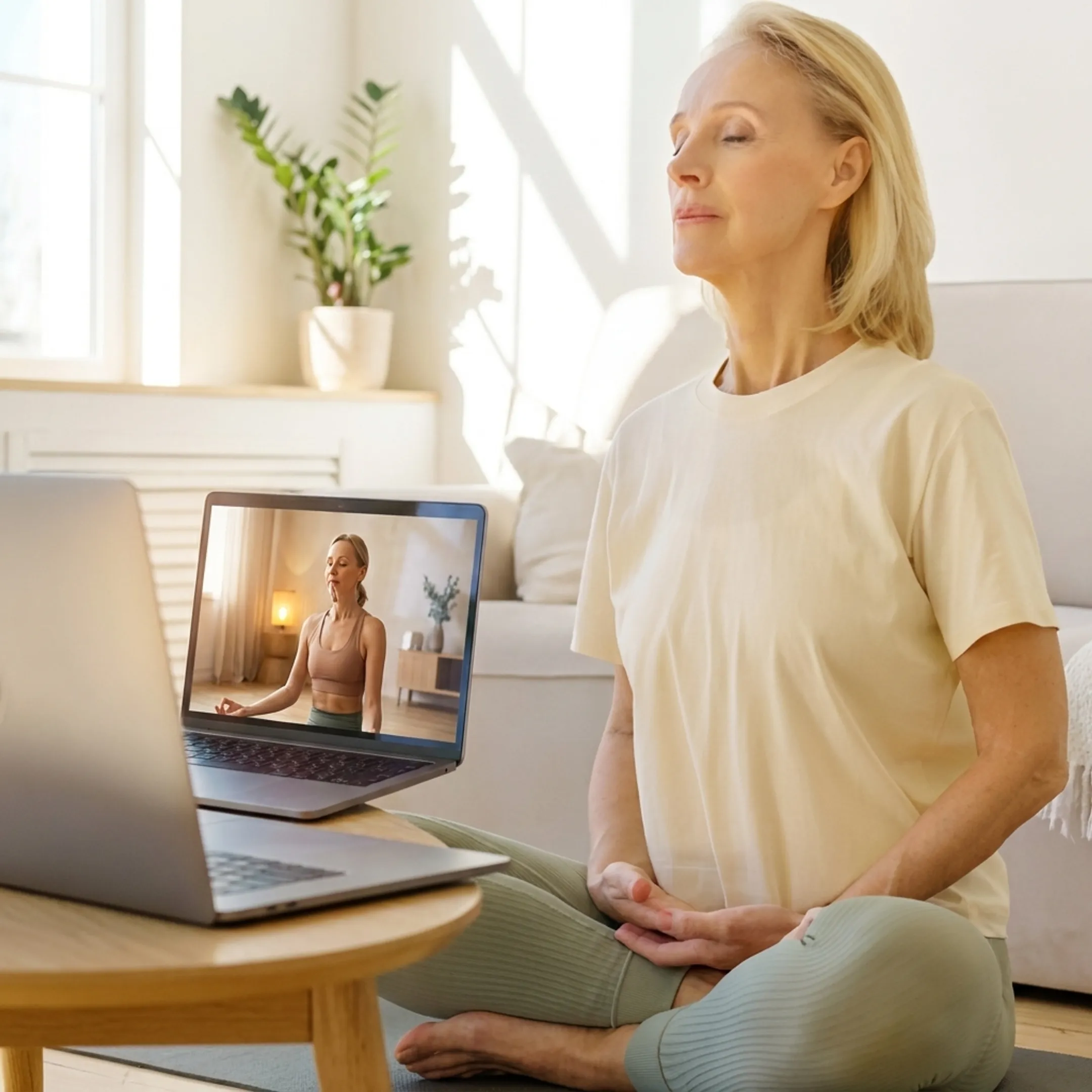 Instructor guiding an online breathing practice