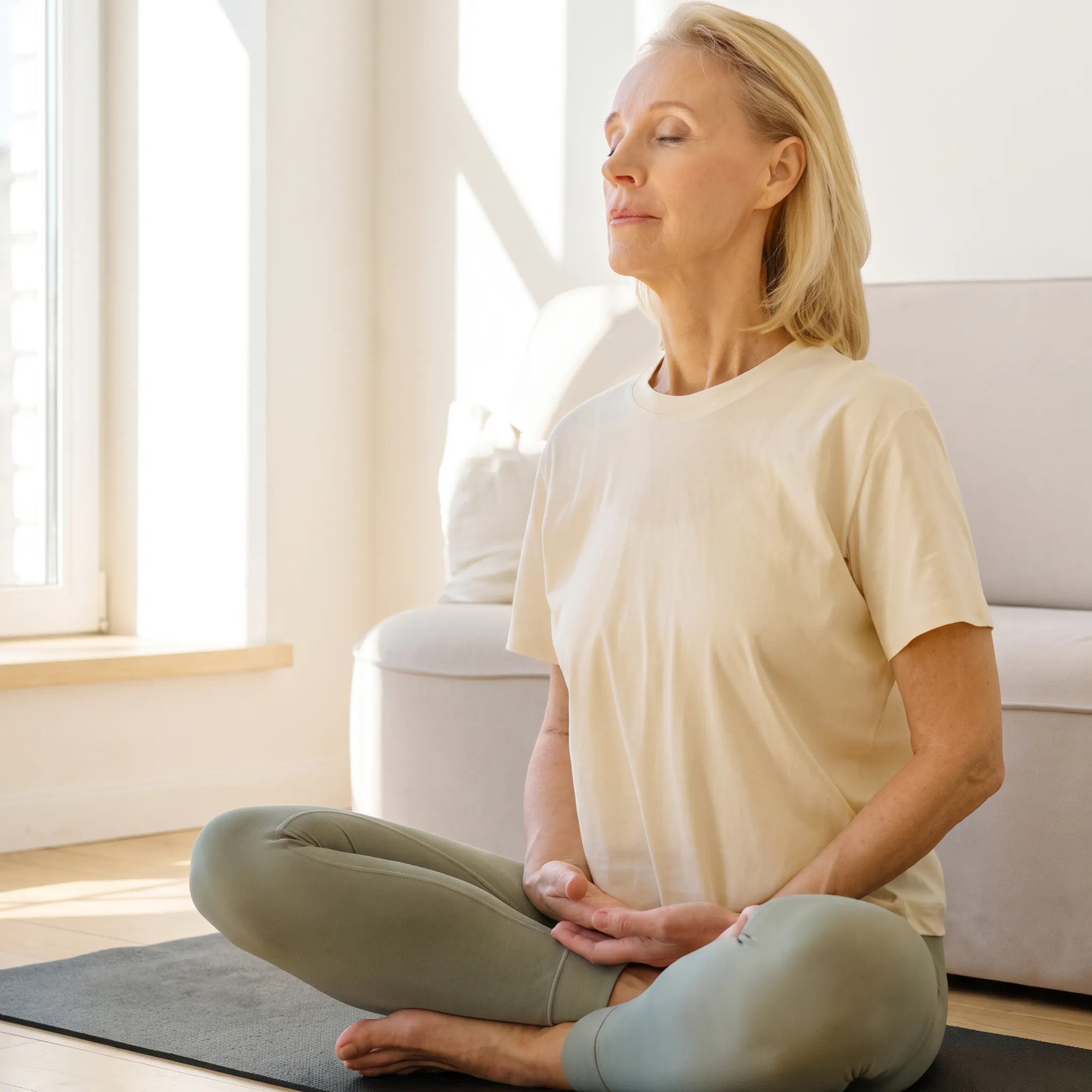 Person practicing guided breathwork at home