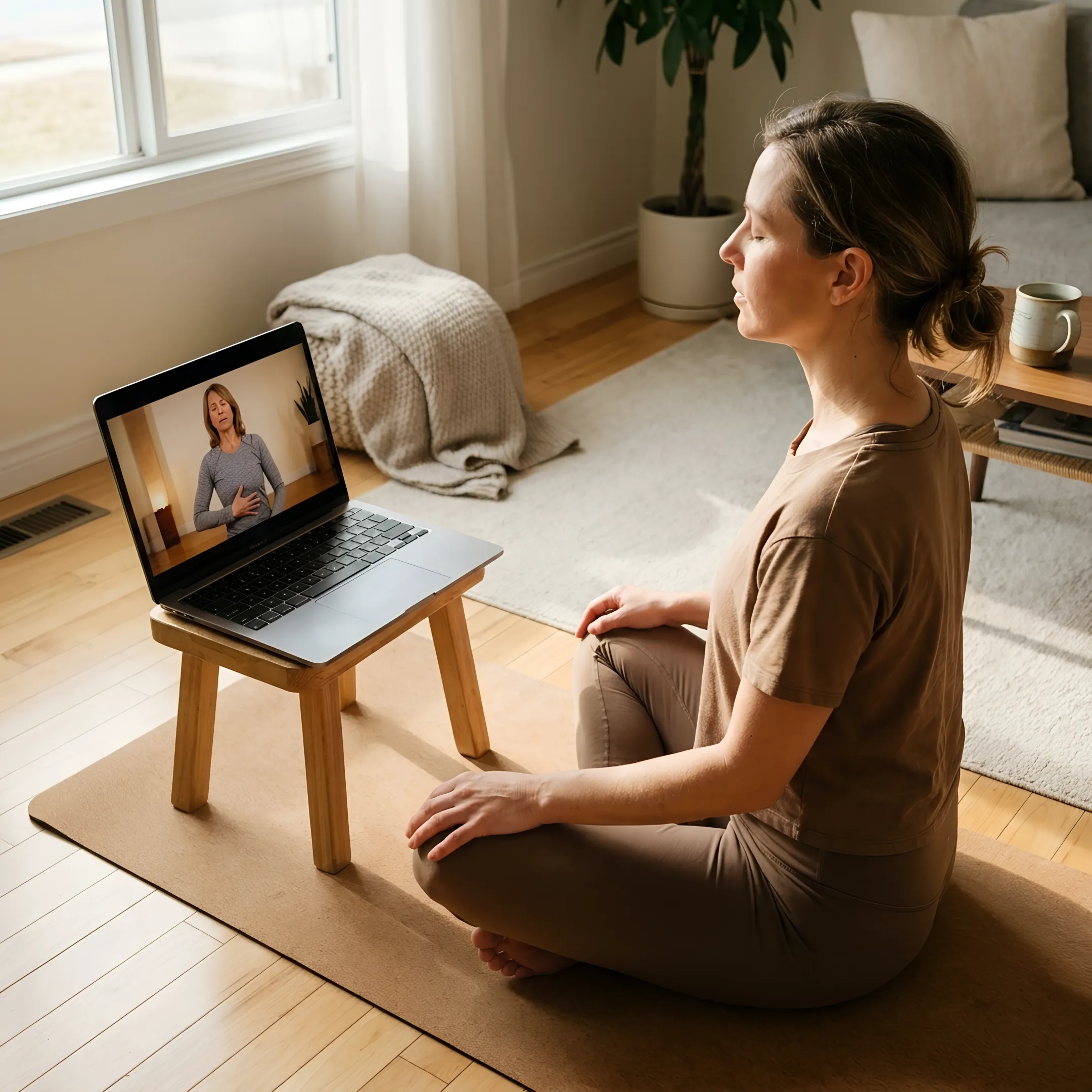 Instructor guiding an online breathing practice