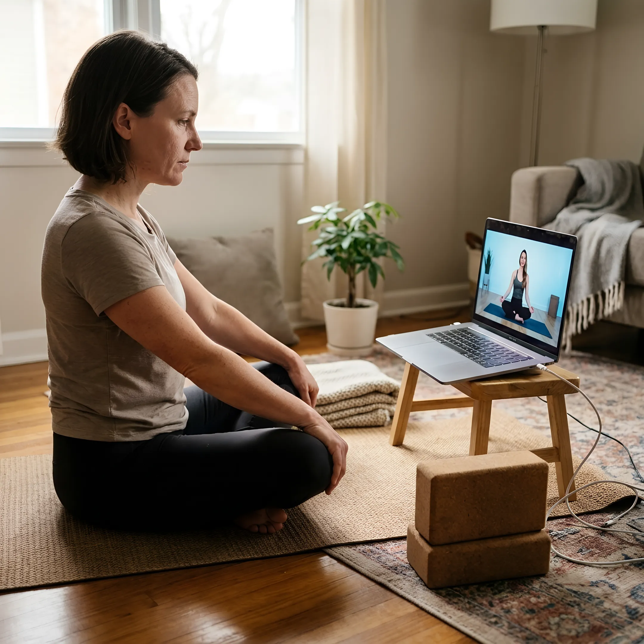 Woman joining an online yoga class at home