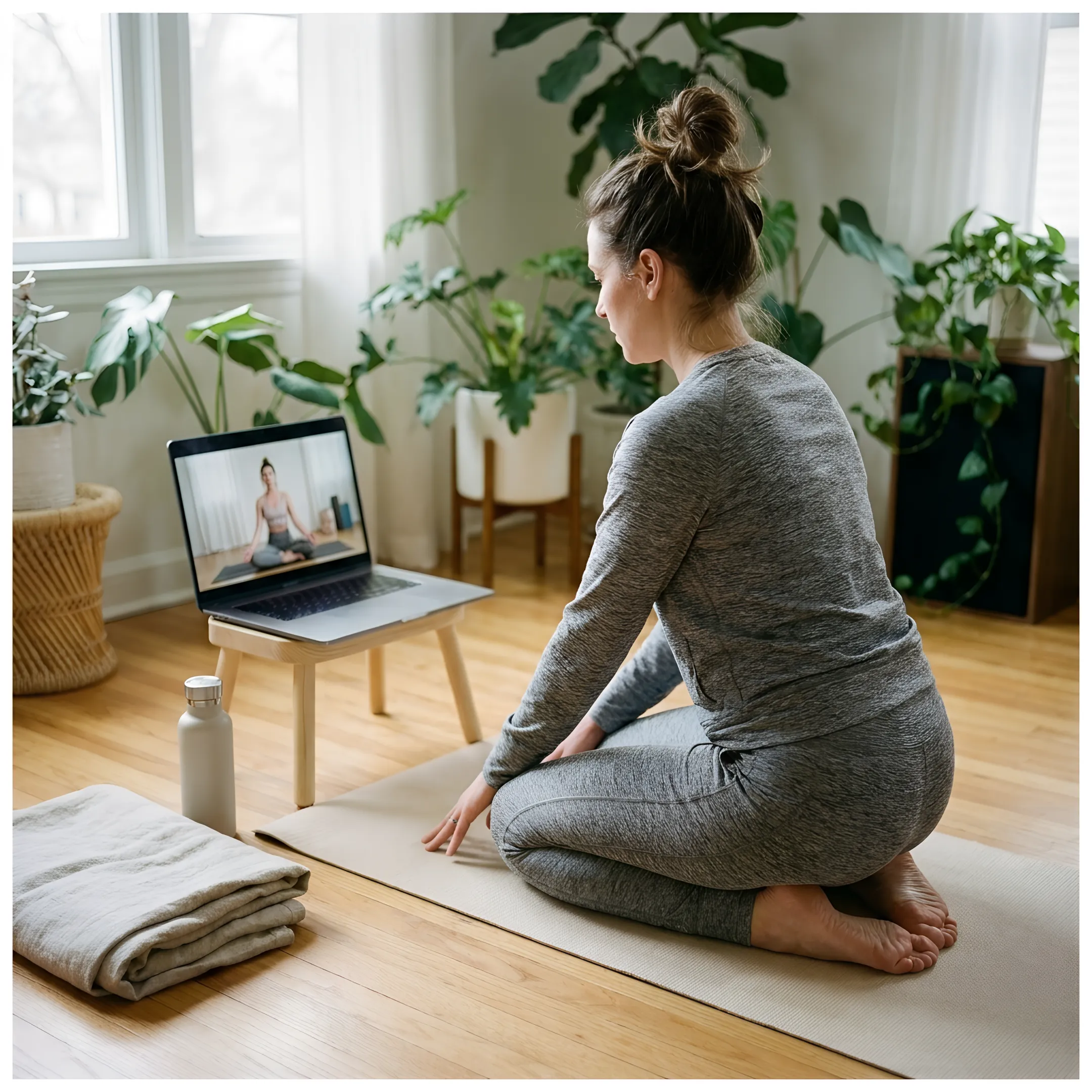 Online yoga instructor leading a home practice