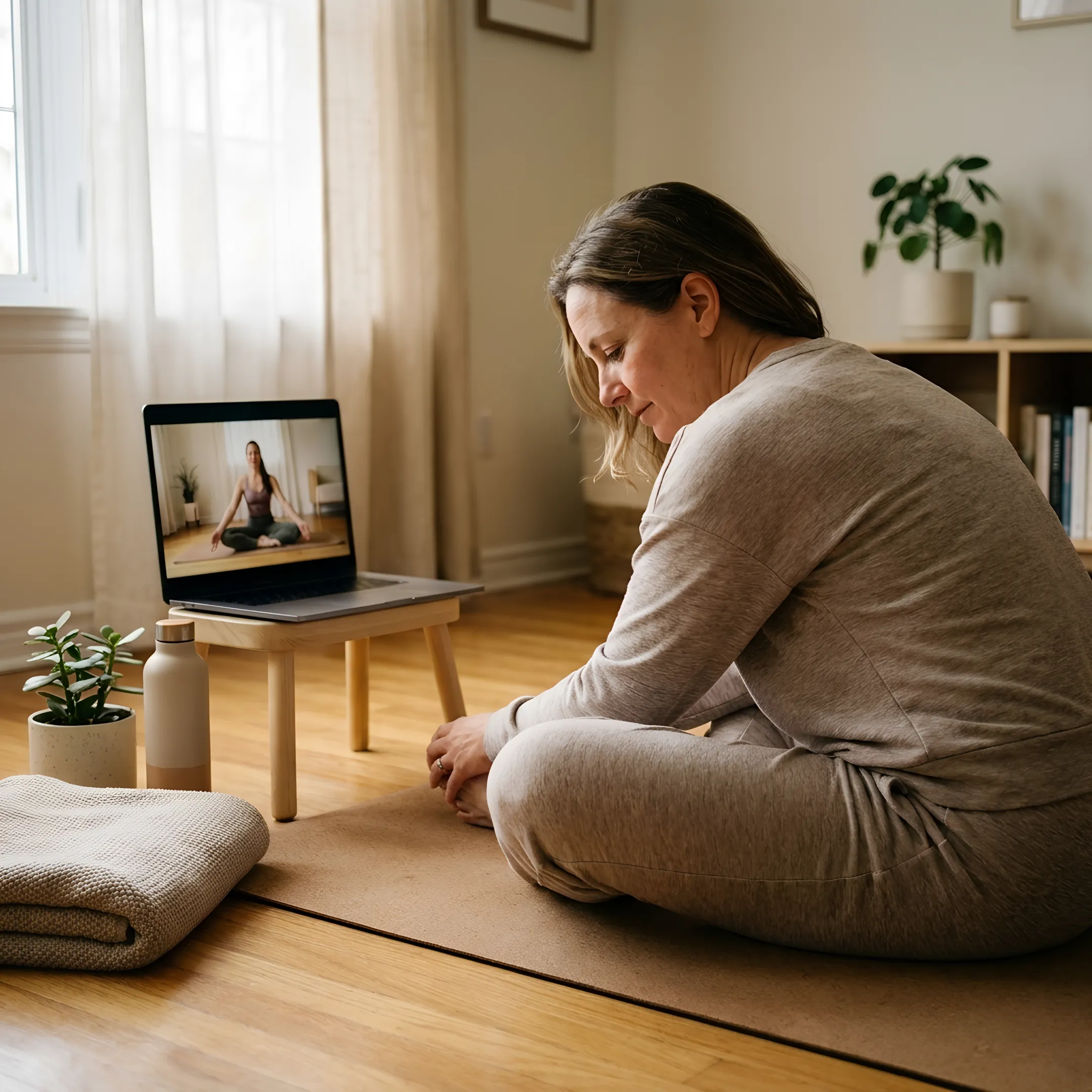 Online yoga instructor guiding a home practice