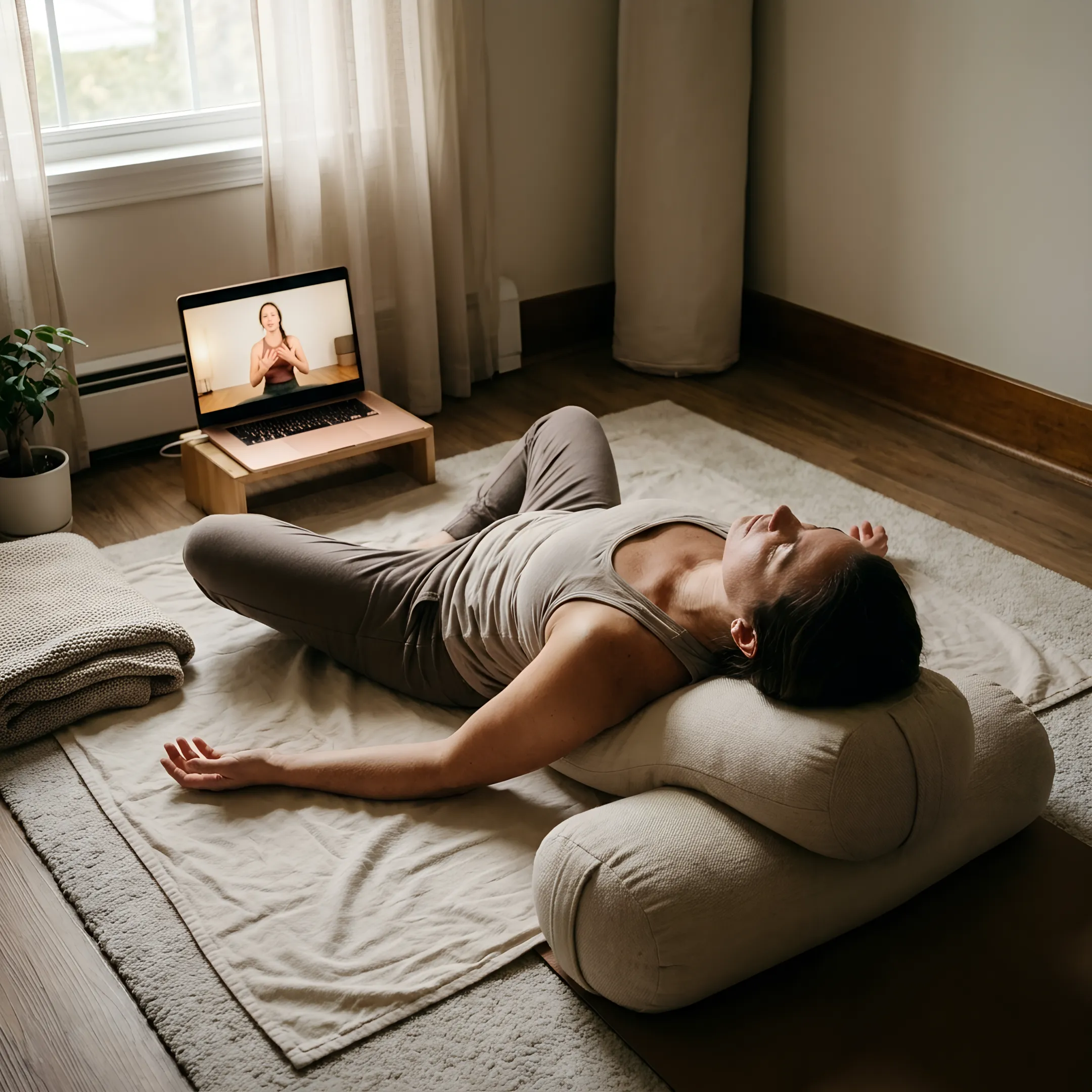 Yoga instructor guiding a supported Yin Yoga pose online
