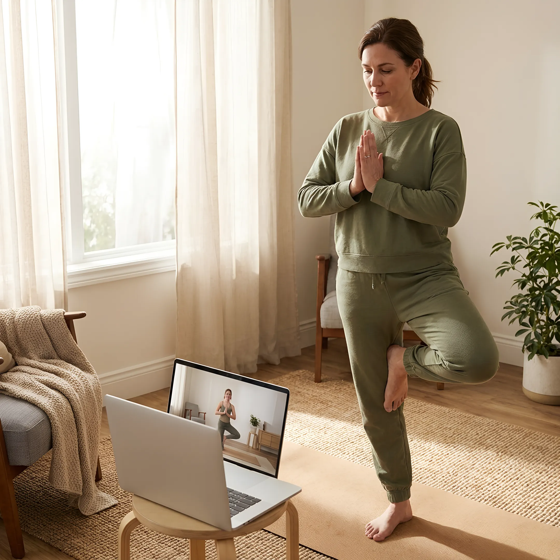 Online Hatha yoga instructor guiding a student