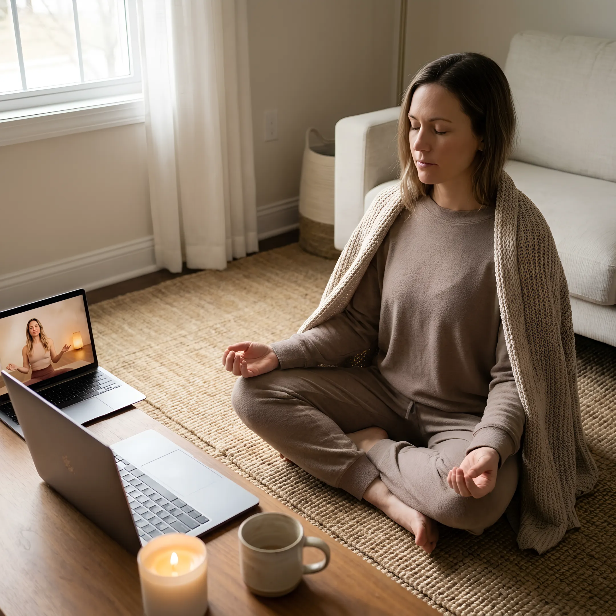 Instructor leading an online meditation practice