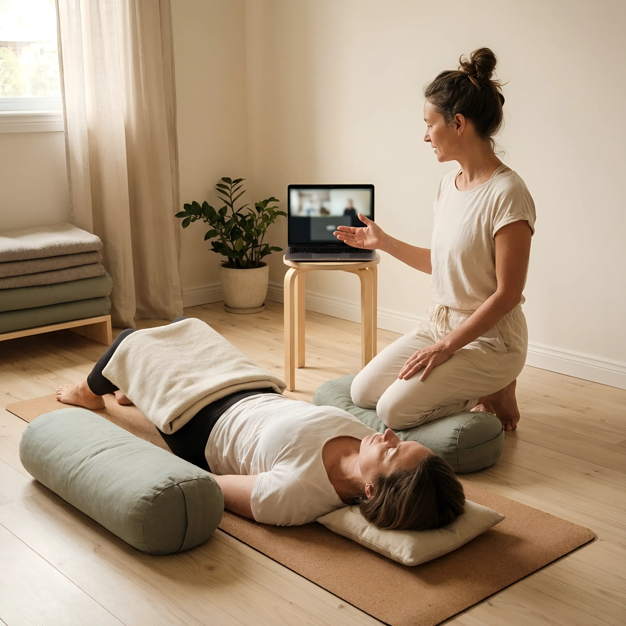 Online restorative yoga class with supported poses
