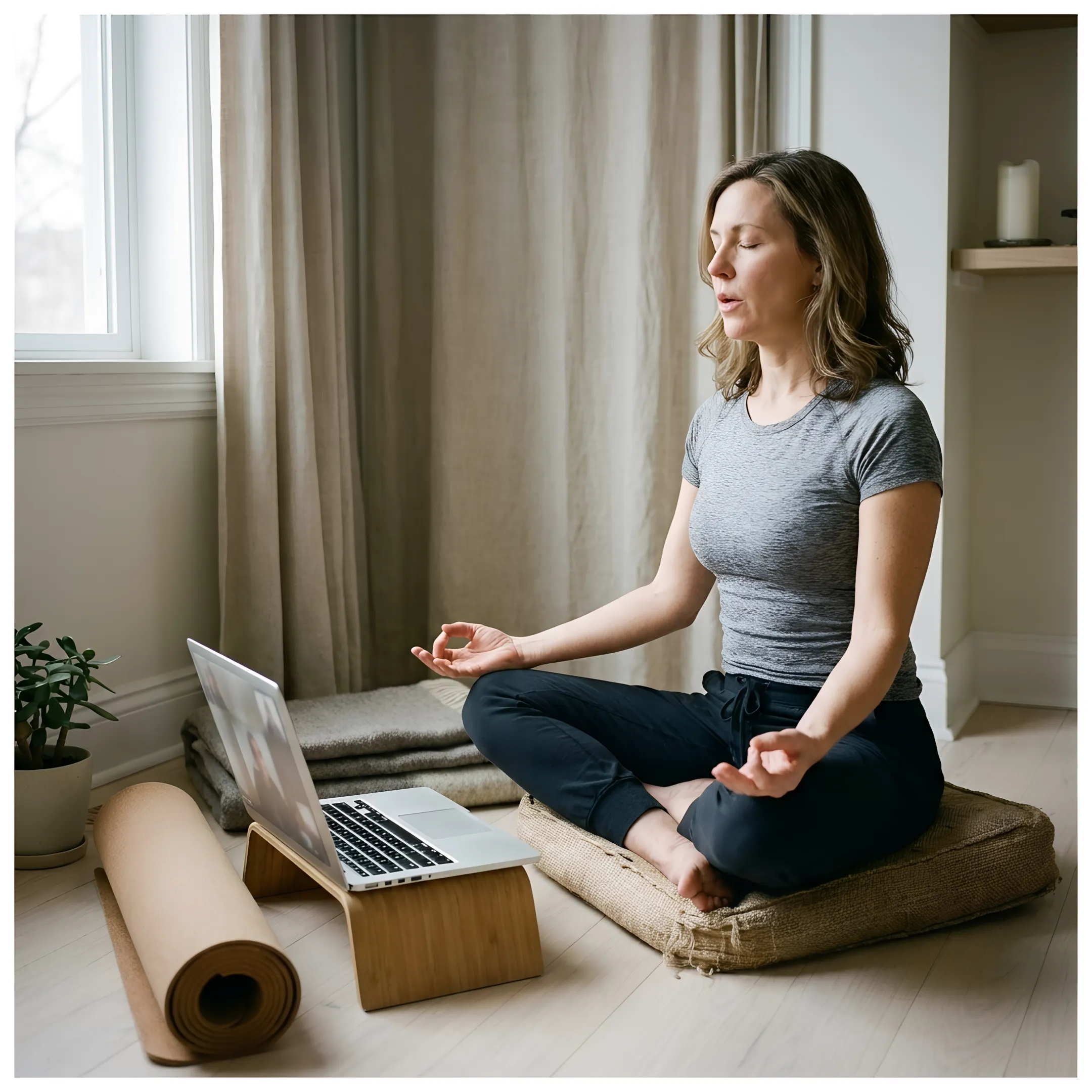Instructor guiding an online meditation practice